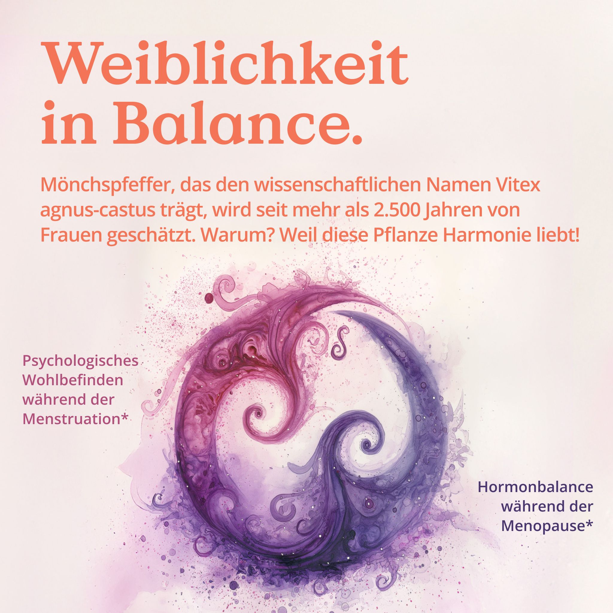 Grafik mit Yin-Yang-Symbol in Lila und Blau. Text: Weiblichkeit in Balance. Psychologisches Wohlbefinden, Hormonbalance.