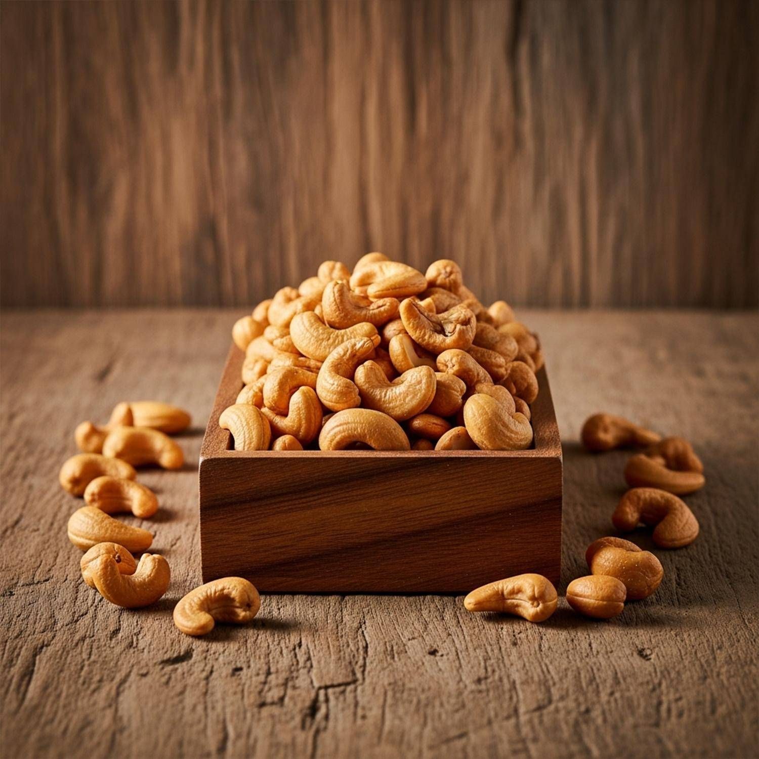 Cashewkerne in einer Holzbox auf Holzhintergrund.