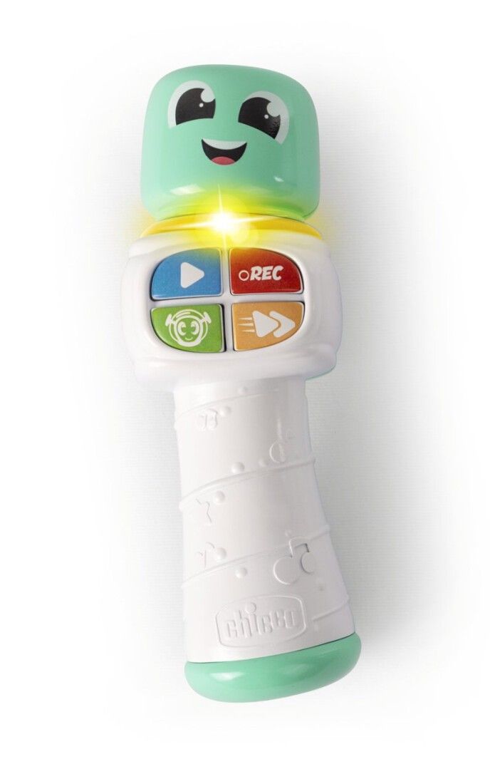 Mikrofon mit grünem Kopf und weißem Griff. Oben vier farbige Tasten. Auf dem Griff ist das Logo von Chicco zu sehen.