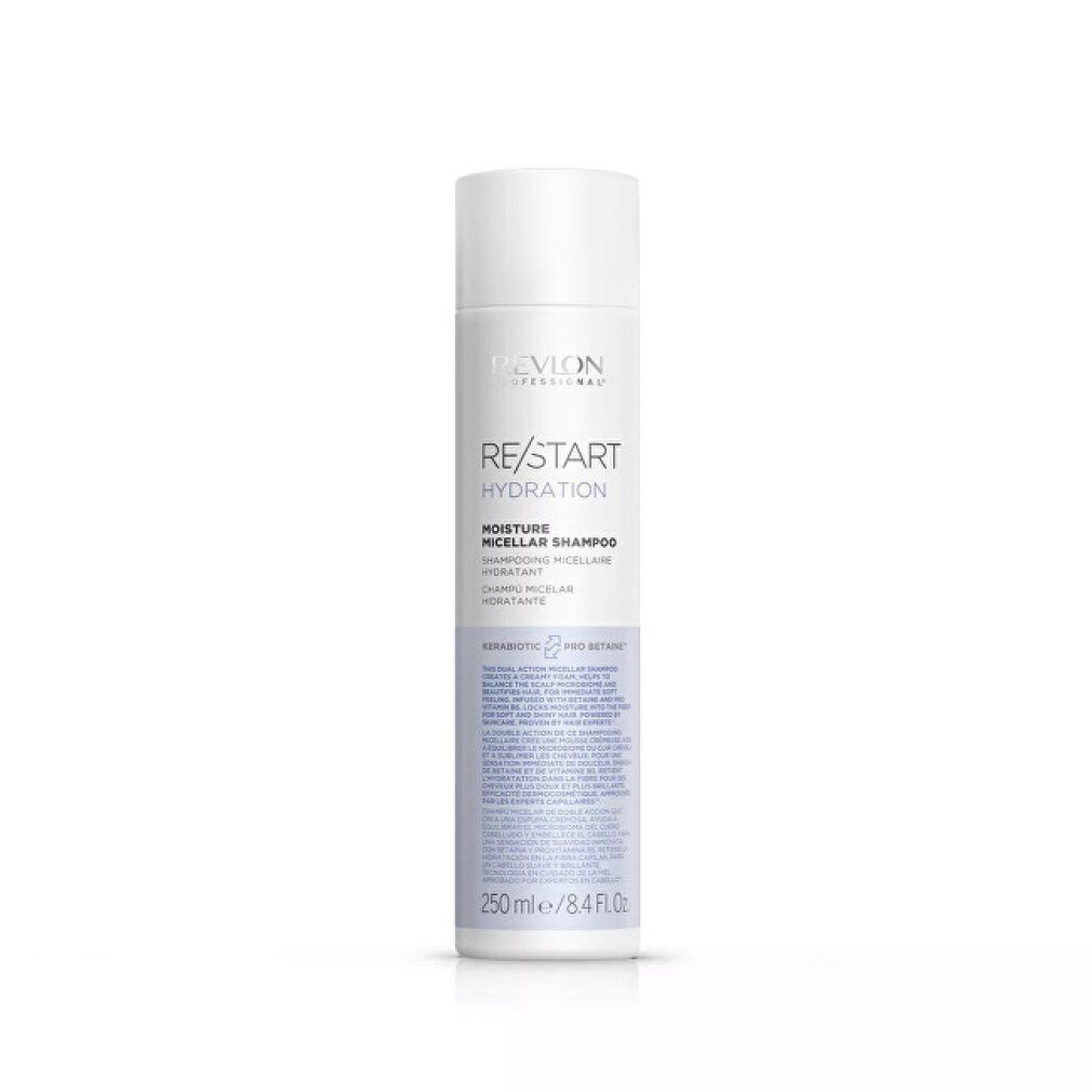 Weißer Shampoo-Behälter. Aufschrift: Revlon, Re/Start Hydration, Moisture Micellar Shampoo. 250 ml.