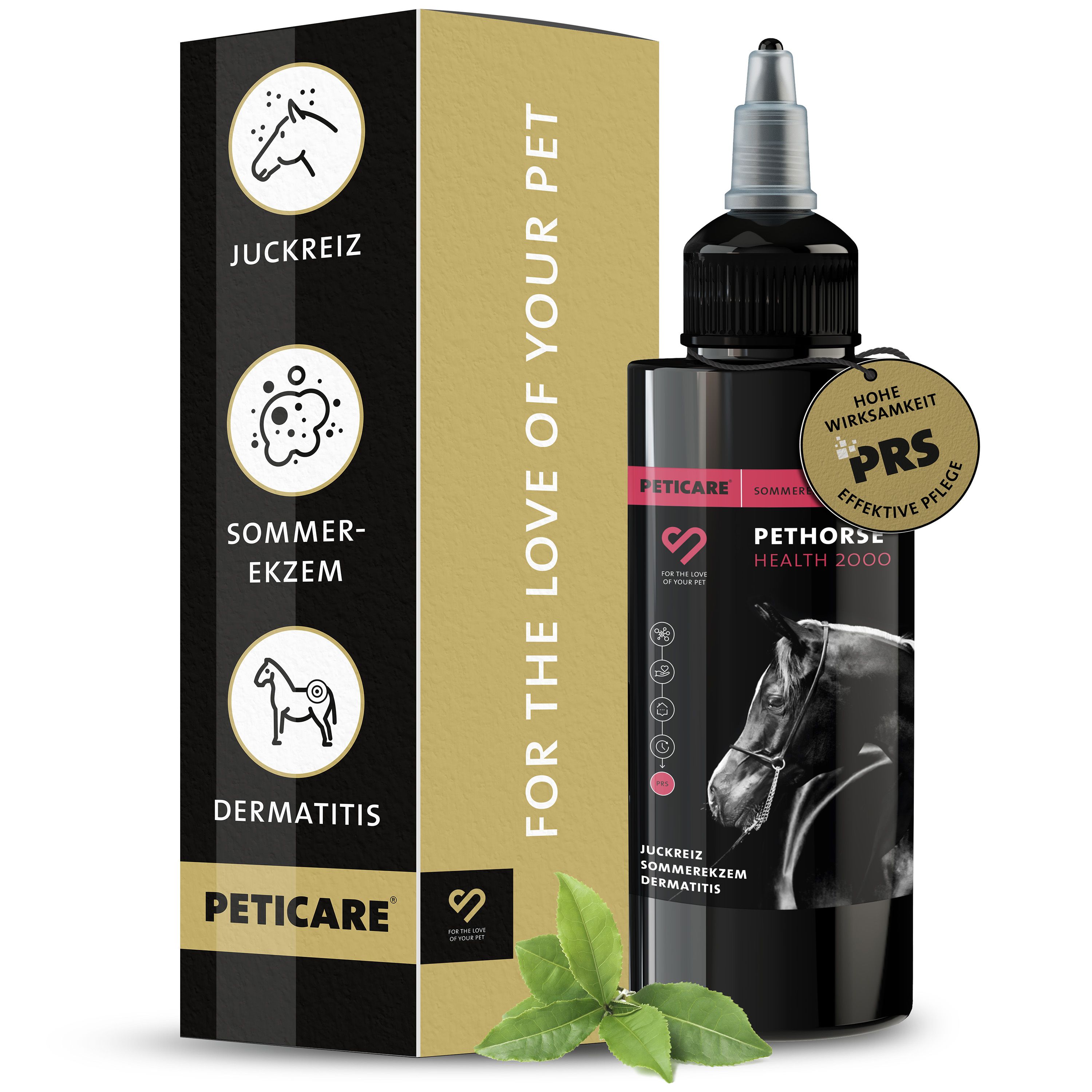 Produktflasche und Verpackung. Auf der Verpackung sind die Begriffe Juckreiz, Sommerekzem und Dermatitis abgebildet.