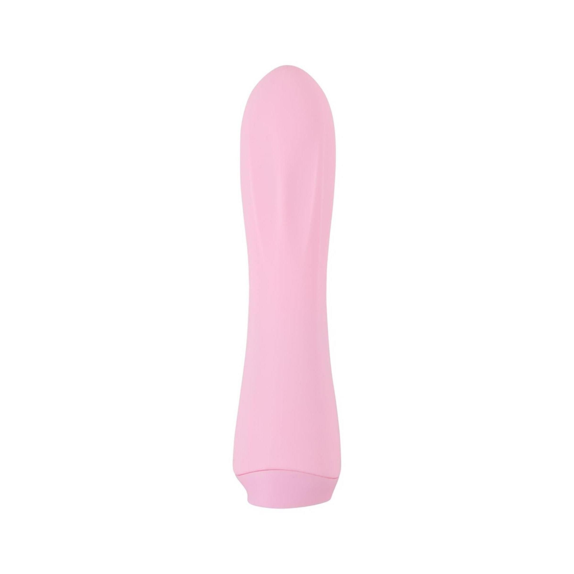 Rosa Vibrator, längliche Form. Glatte Oberfläche, abgerundete Spitze, leicht verjüngt. Unterteil mit kleiner Fläche.