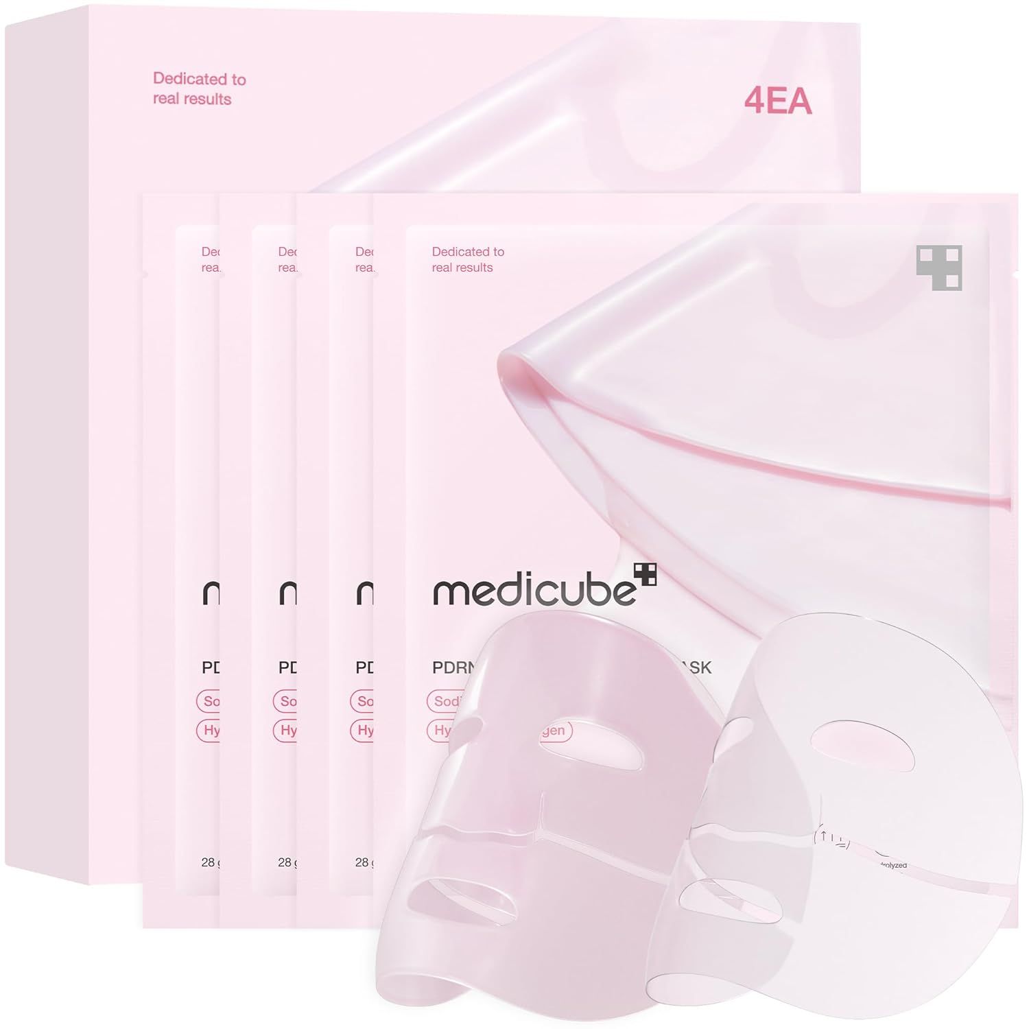Rosa Verpackung mit Gesichtsmasken. Text: Dedicated to real results, medicube, PDRN PINK COLLAGEN GEL MASK.