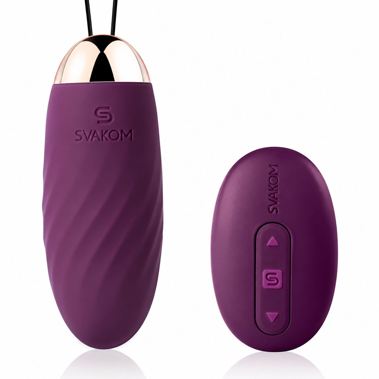 Ein lila Vibrator mit gewundenem Muster und eine ovale Fernbedienung mit Knöpfen.