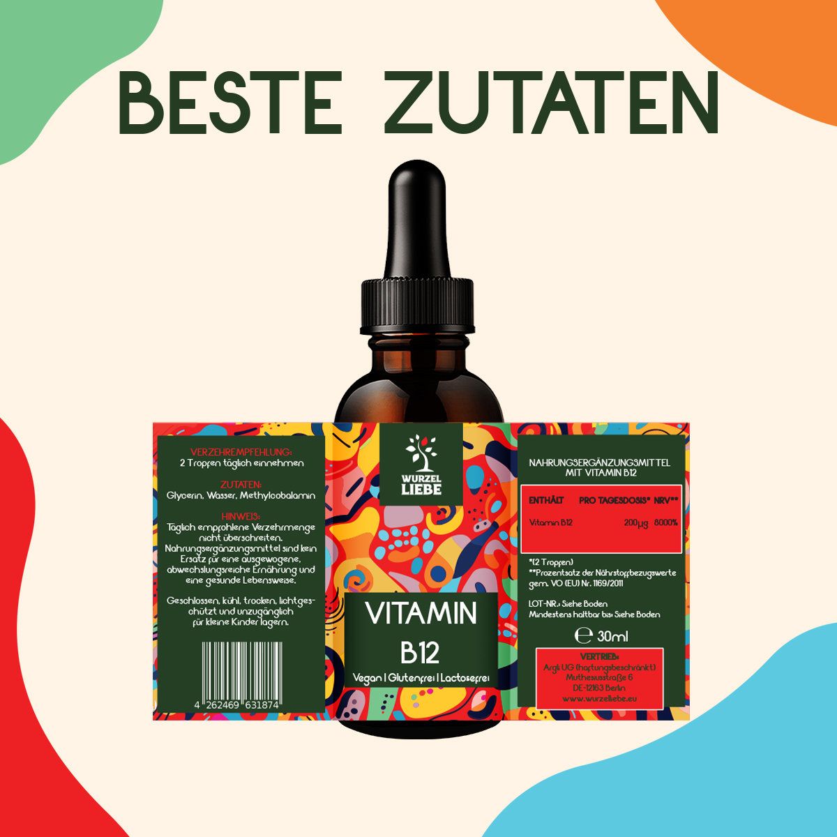 Braune Glasflasche mit Tropfer. Aufschrift: Vitamin B12. Etikett mit Inhaltsstoffen und Nährwertangaben. Text: 2 Tropfen täglich, 30 ml.