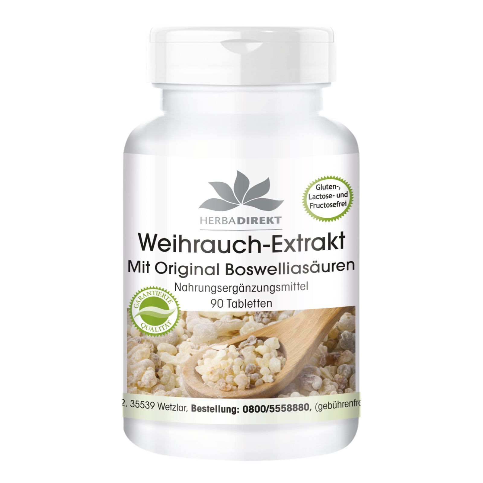 Weihrauch-Extrakt Tabletten in weißer Flasche. Logo und Schriftzug. Gluten-, Laktose- und Fructosefrei. 90 Tabletten.