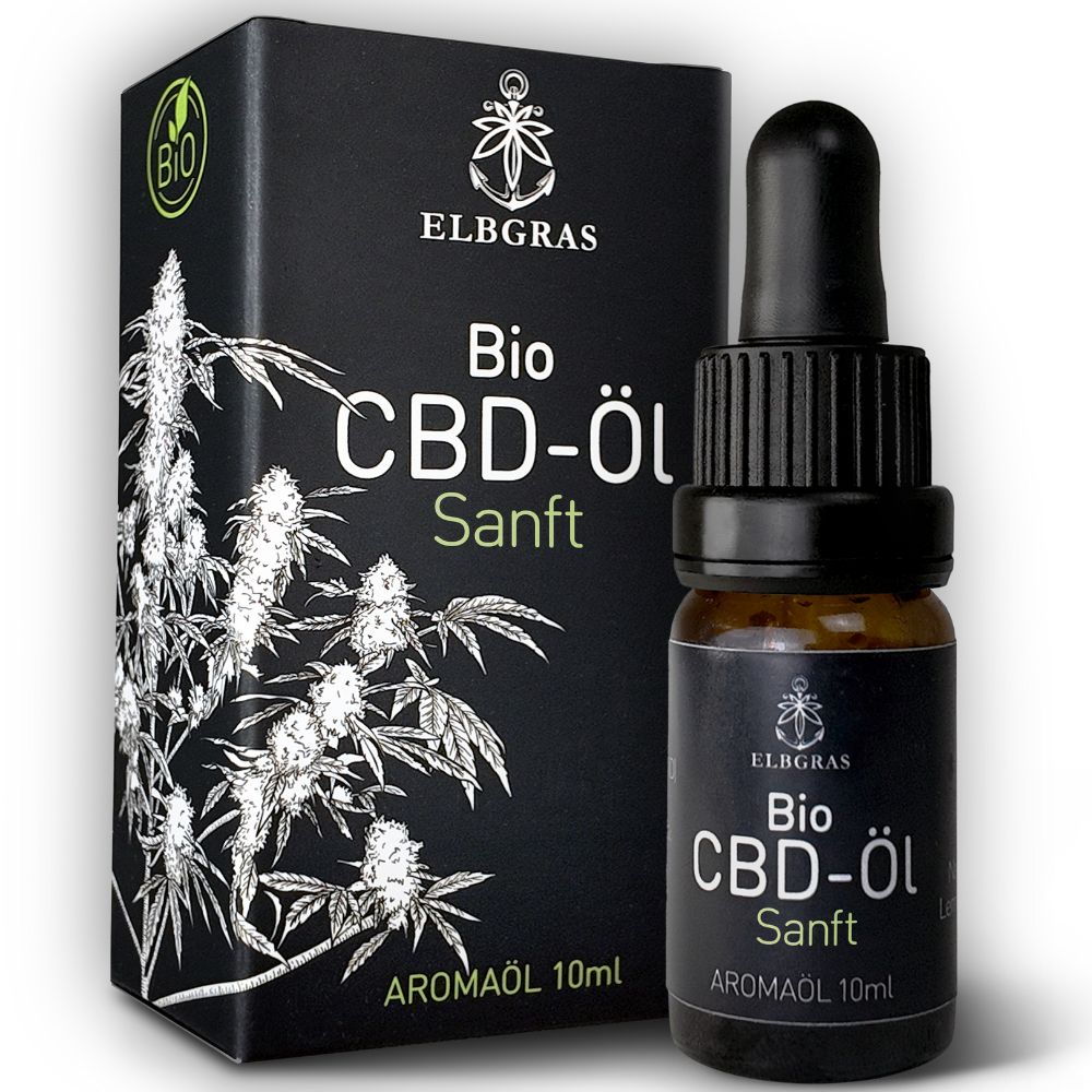 Elbgras Bio CBD Öl Flasche und Kartonverpackung mit Hanfabbildung.