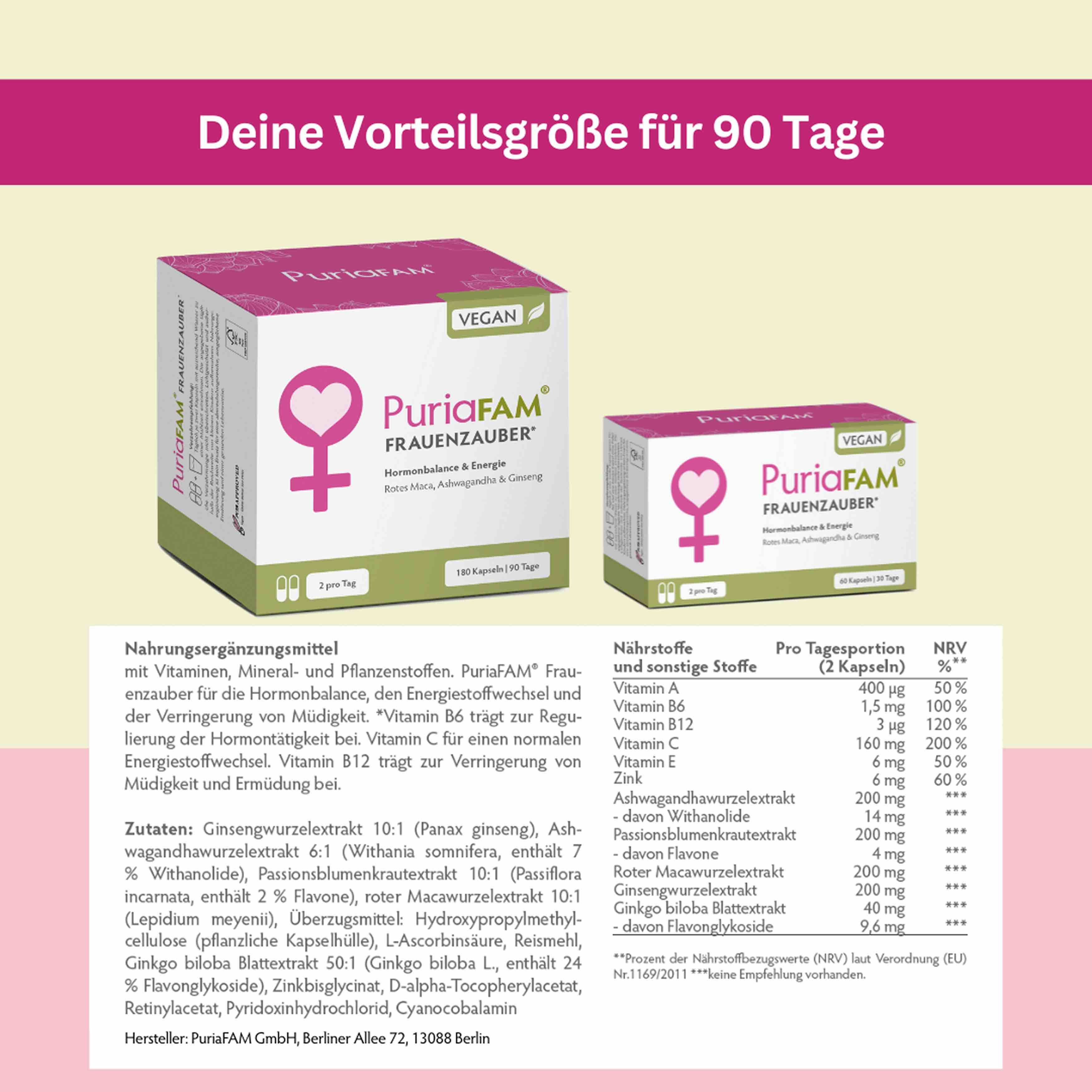 Zwei Produktboxen. Aufschrift: PuriaFAM Frauenzauber. Text: Deine Vorteilgröße für 90 Tage. Nährwerttabelle.
