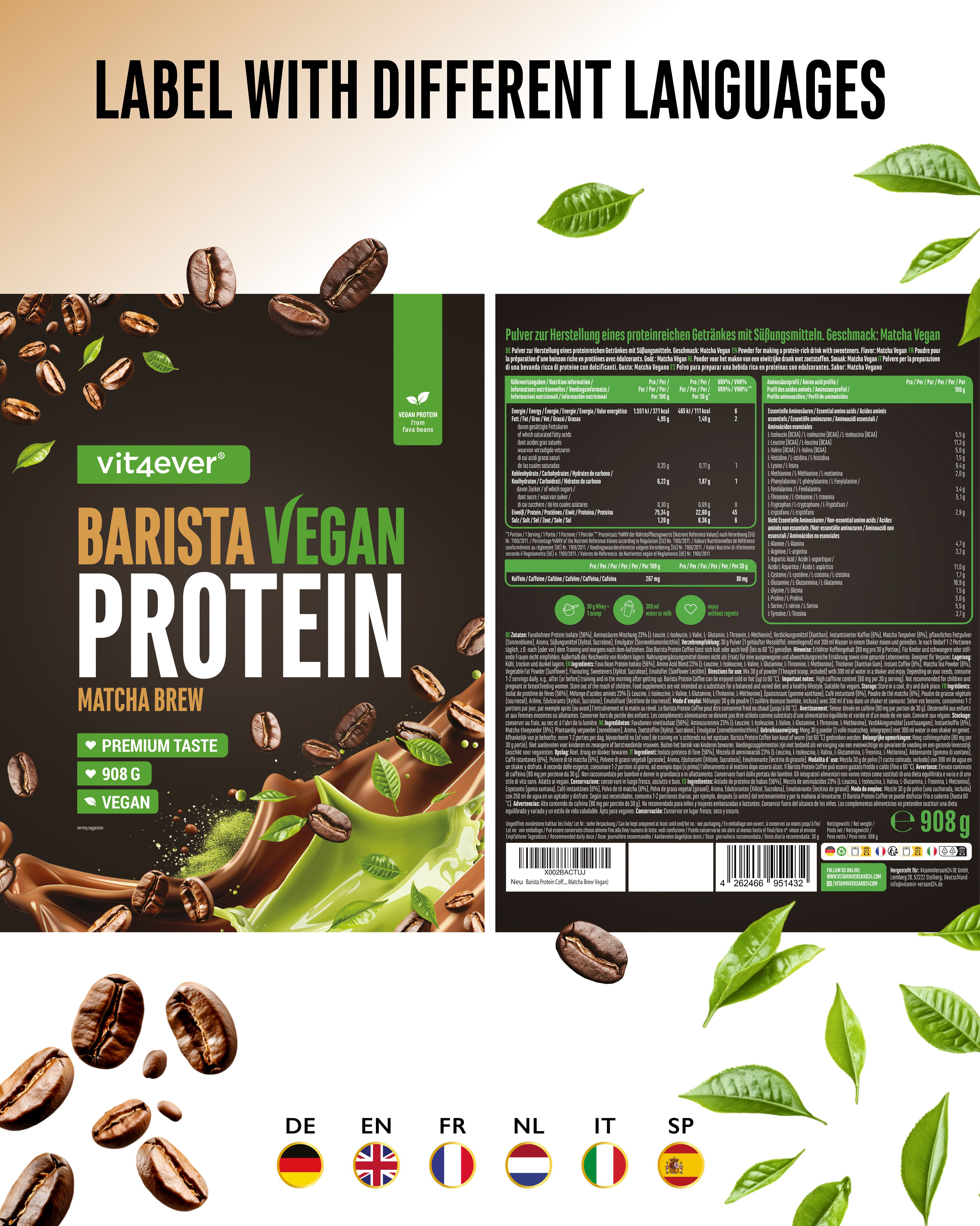 Verpackung "vit4ever Barista Vegan Protein Matcha Brew" mit verschiedenen Sprachversionen. Kaffeebohnen und Blätter.