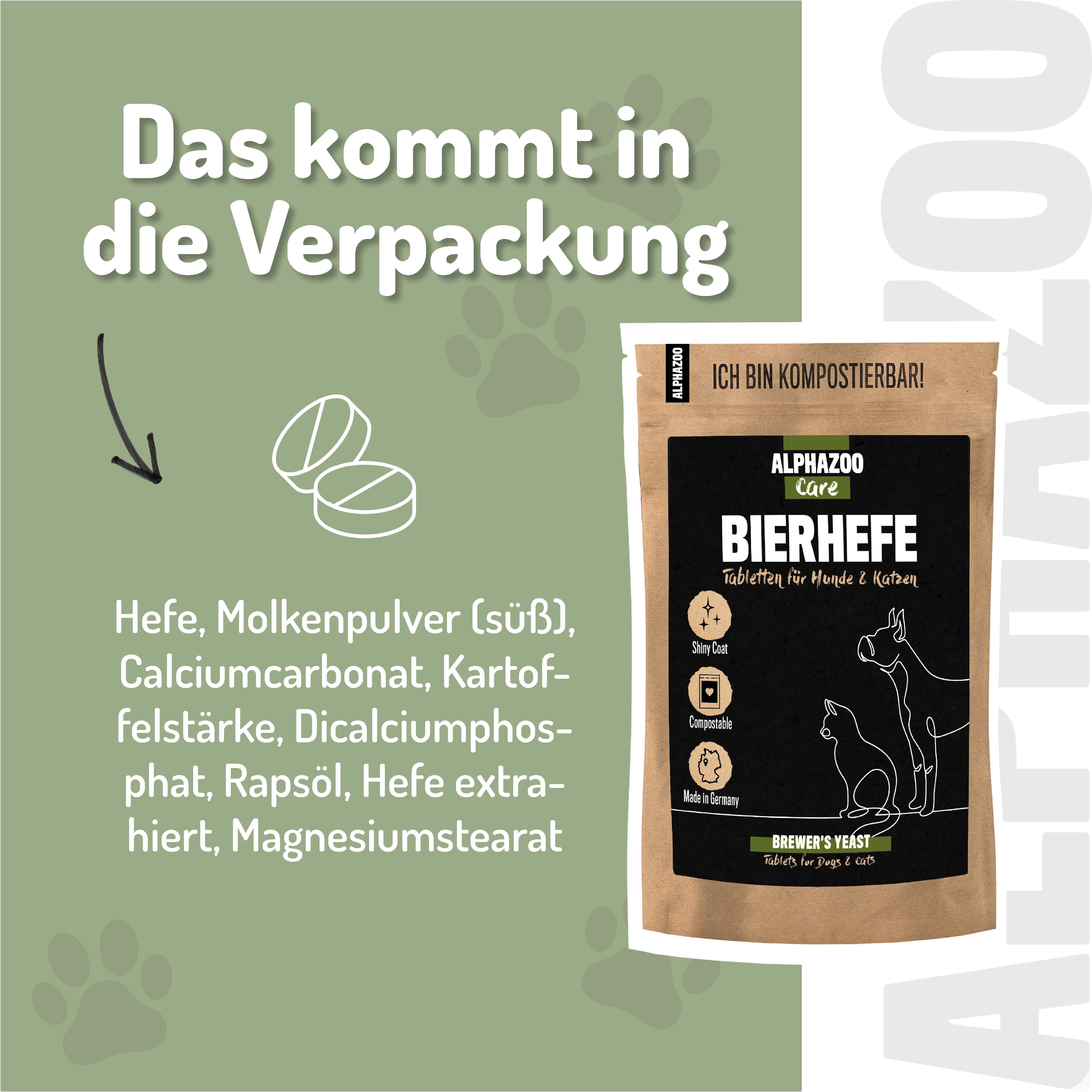 Grafik mit Zutaten: Hefe, Molkenpulver, Calciumcarbonat, Kartoffelstärke, Dicalciumphosphat, Rapsöl, Hefe extrahiert, Magnesiumstearat. Produktbeutel.