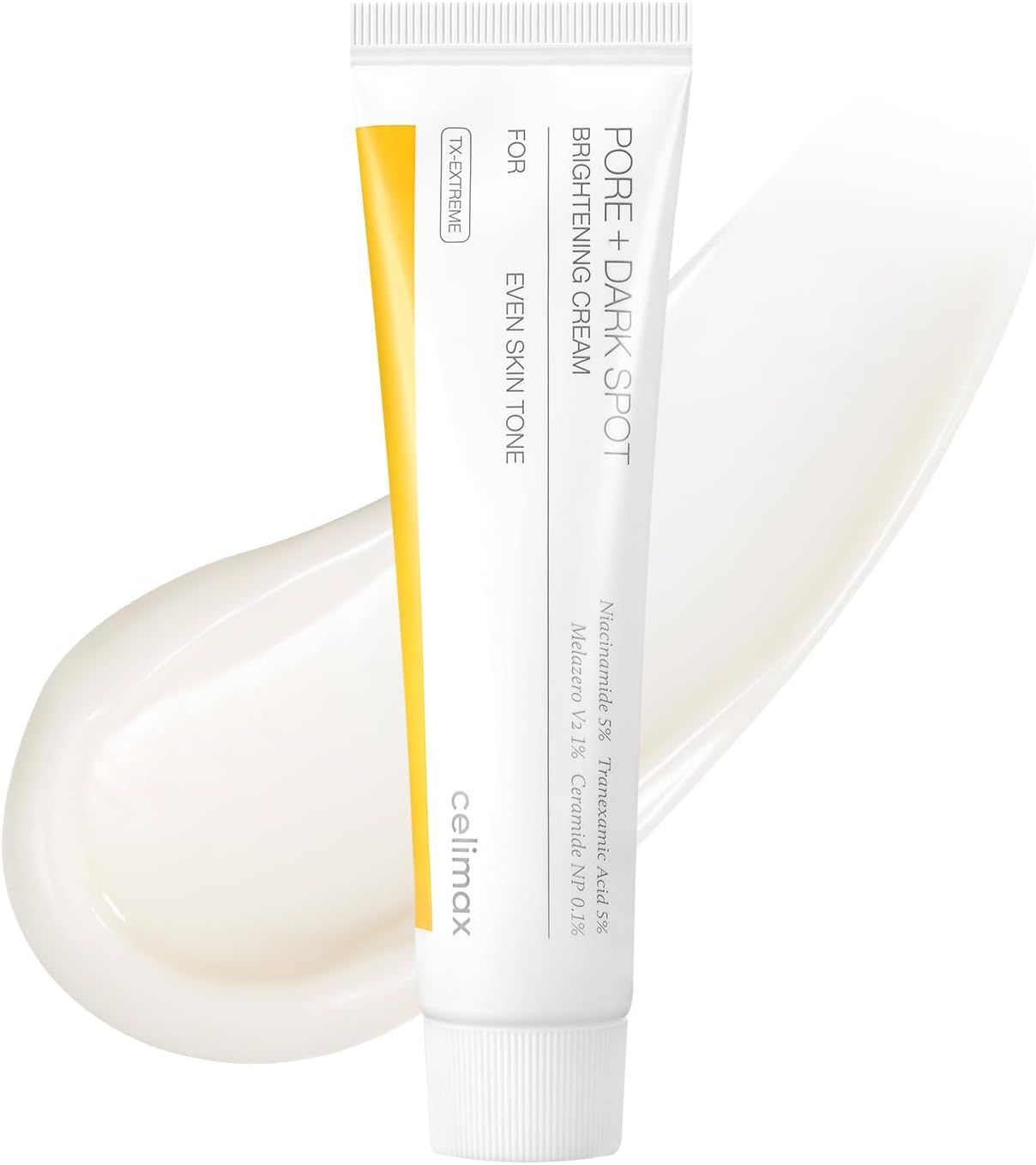 Tube "Pore+Dark Spot Brightening Cream" auf weißem Untergrund. Gelber Akzent. Inhaltsstoffe aufgeführt.