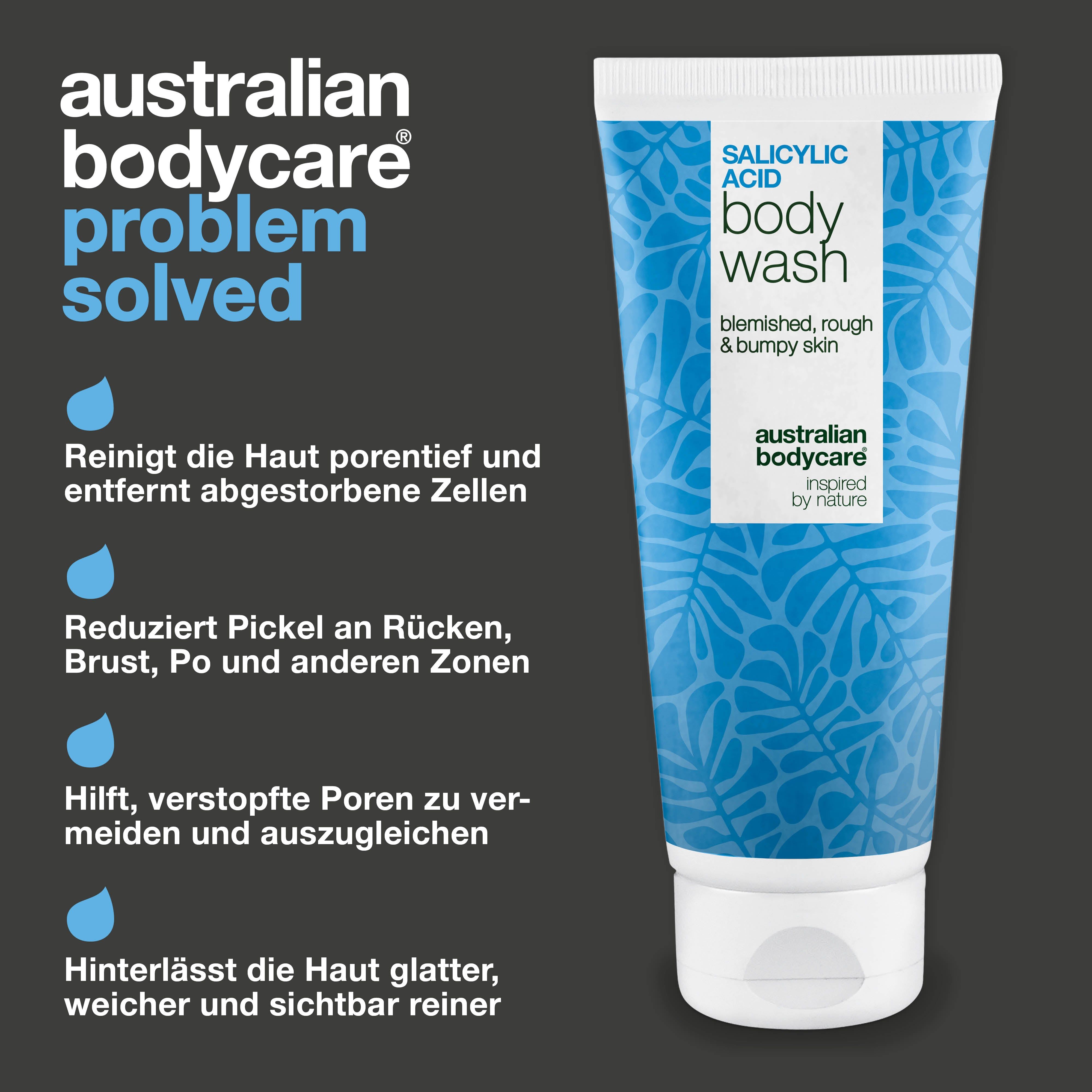 Tube Salicylic Acid Body Wash. Text: Reinigt, reduziert Pickel, hilft Poren zu vermeiden, macht Haut glatter. Schwarzer Hintergrund.