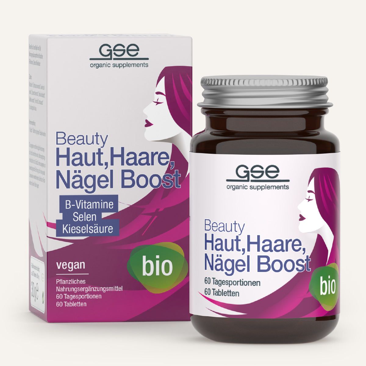 Braune Glasflasche und Karton mit Aufschrift Beauty Haut, Haare, Nägel Boost. Bio-Siegel. Vegan.