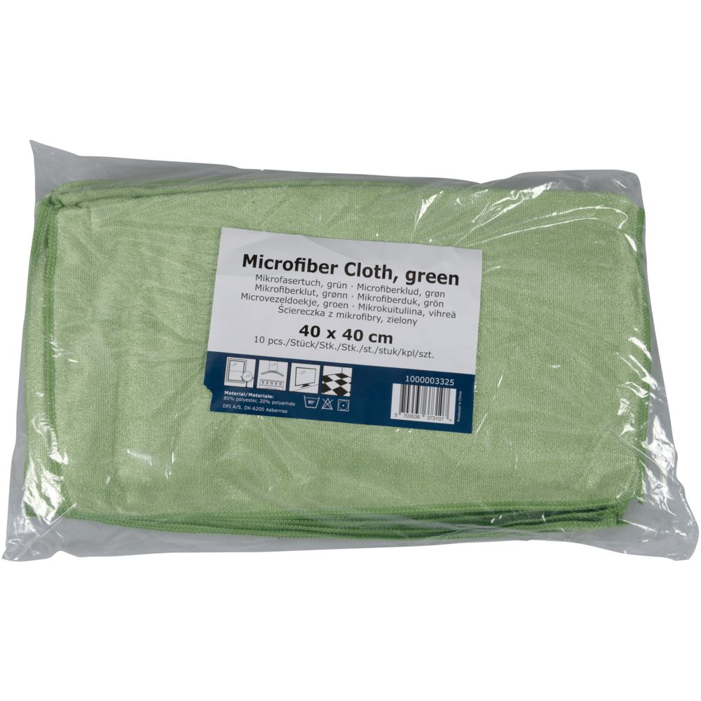 Grünes Mikrofasertuch-Set in Plastikverpackung. Aufschrift: Mikrofasertuch, grün. Größe: 40 x 40 cm. 10 Stück.