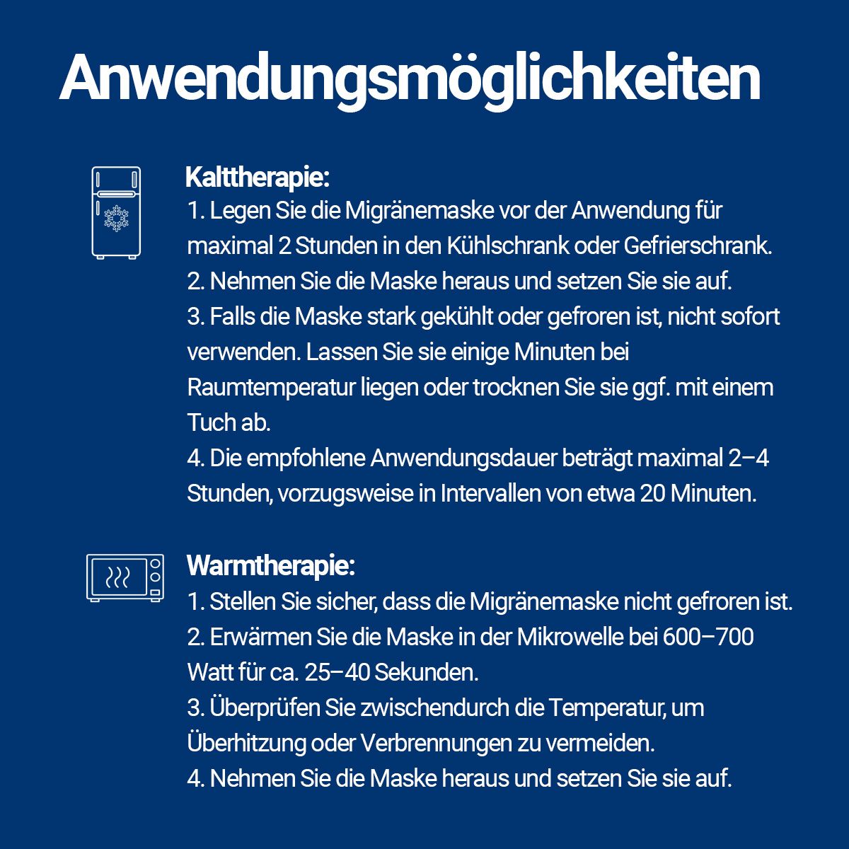Anwendungsmöglichkeiten der HIXO Migräne Maske: Kalt- und Warmtherapie.