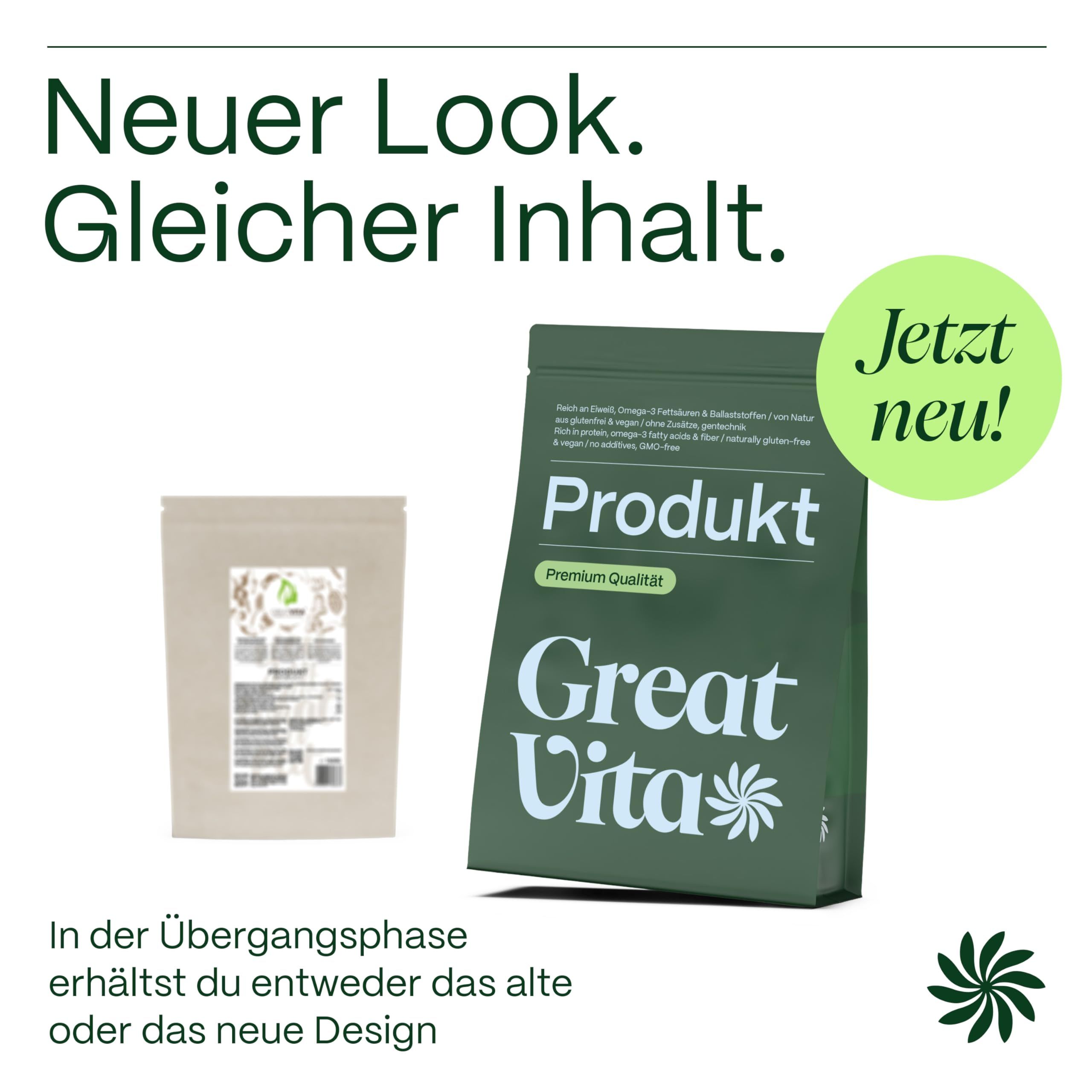 Vergleich von altem und neuem Design des Great Vita Vitamin C Pulver Beutels. "Neuer Look. Gleicher Inhalt."
