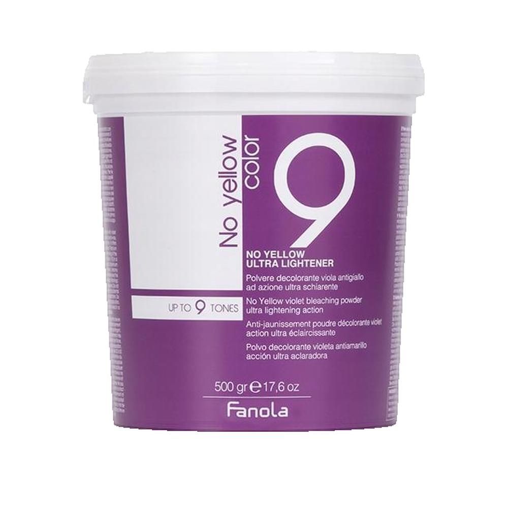 Fanola No Yellow Color Ultra Lightener 9. Violette Bleichpulver-Dose mit Text.