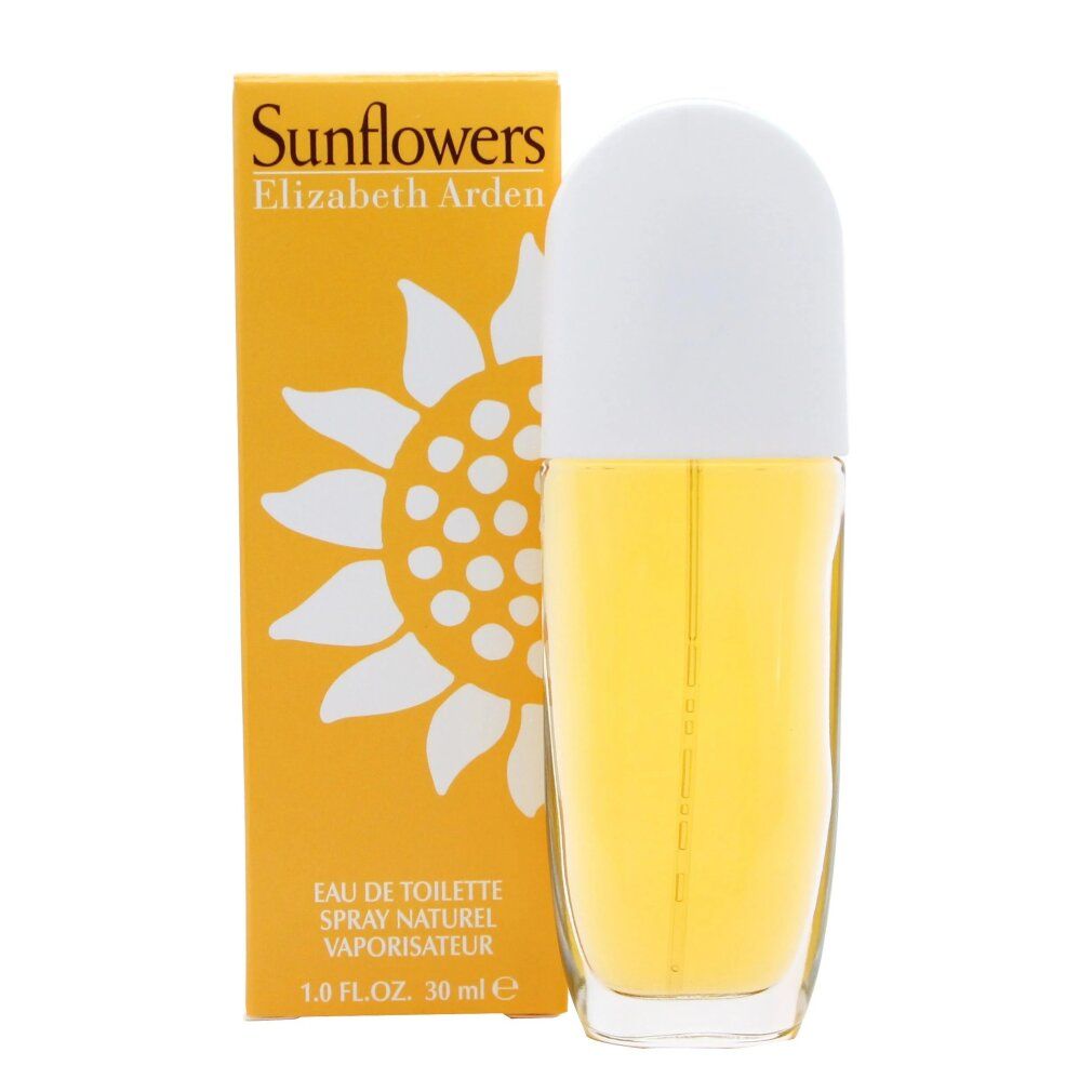 Gelbe Schachtel und Flasche. Aufschrift "Sunflowers" und "Elizabeth Arden".