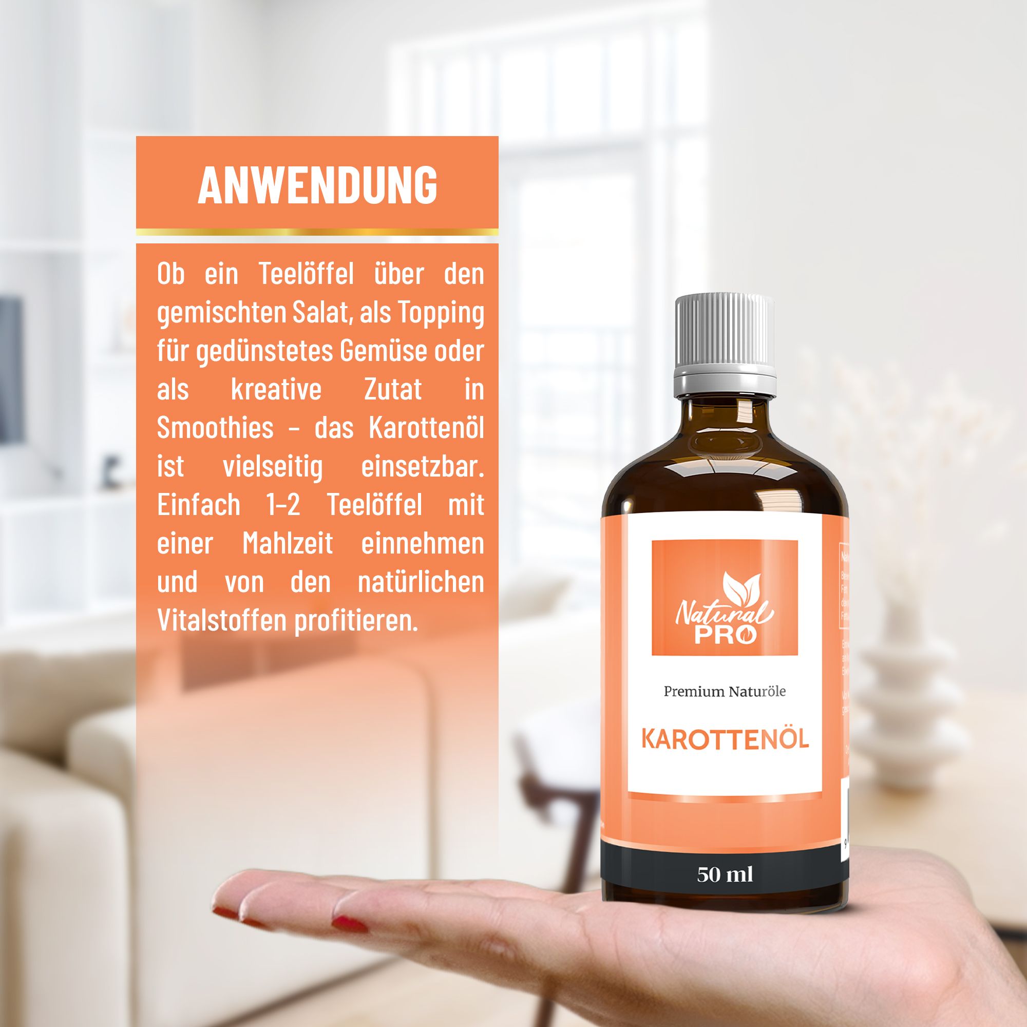 Braune Flasche mit weißem Deckel und orangefarbenem Etikett. Aufschrift: Natural Pro, Karottenöl, 50 ml. Gehalten in einer Hand.