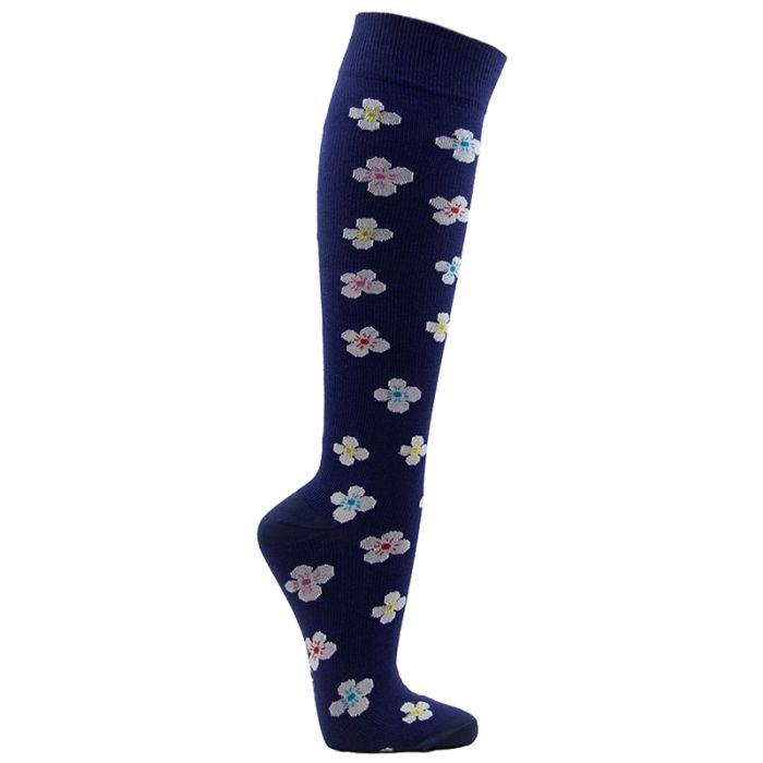 Kniestrümpfe, dunkelblau mit weißen, rosa und gelben Blumenmustern. Das Produkt ist aus Stoff gefertigt.