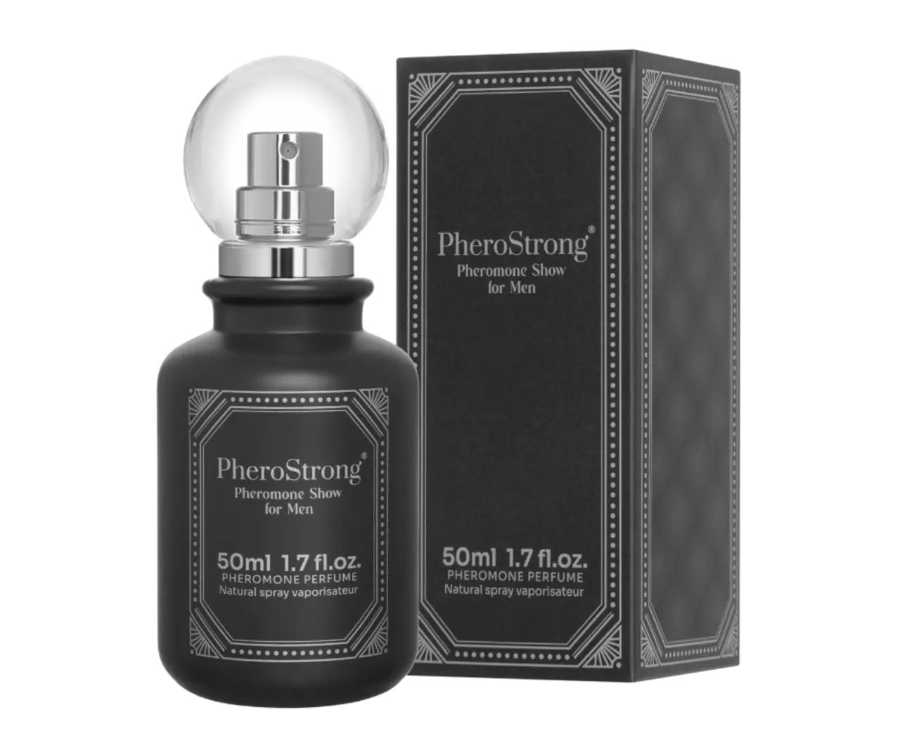 Schwarze Flasche und Verpackung. Aufschrift: PheroStrong Pheromone Show for Men, 50ml 1.7 fl.oz. Natürliches Spray.