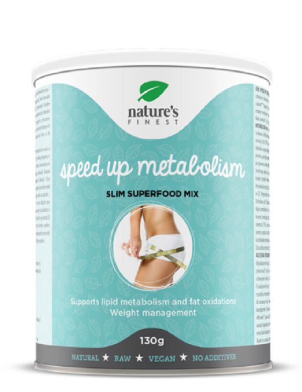 Zylindrische Dose mit "Nature's Finest Speed Up Metabolism". Text: "Slim Superfood Mix", "130g", "Natural, Raw, Vegan, No Additives".