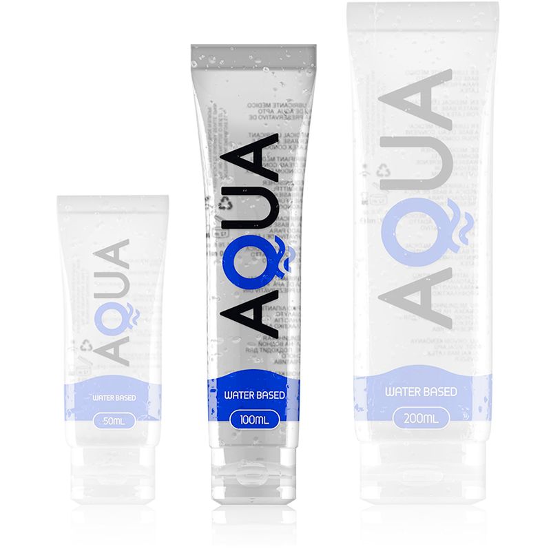 Drei AQUA Gleitcreme-Tuben in verschiedenen Größen: 50ml, 100ml und 200ml.
