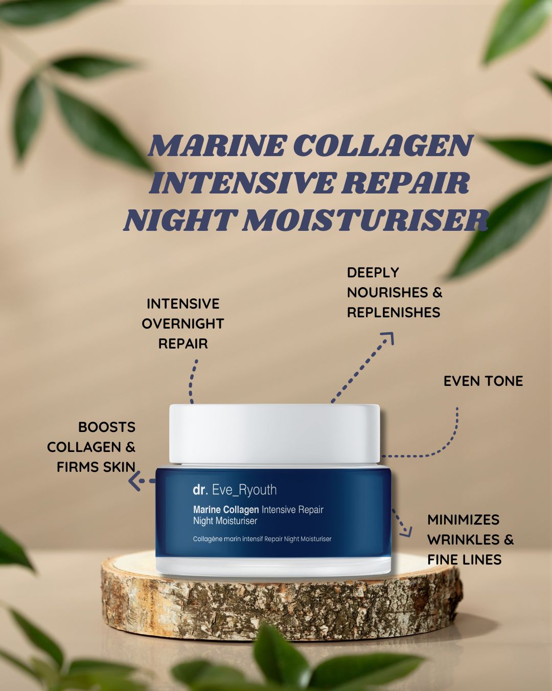 Blaue Creme-Dose auf Holz. Aufschrift: Marine Collagen Intensive Repair Night Moisturiser. Marke: dr. Eve_Ryouth. Text: Intensive Overnight Repair.