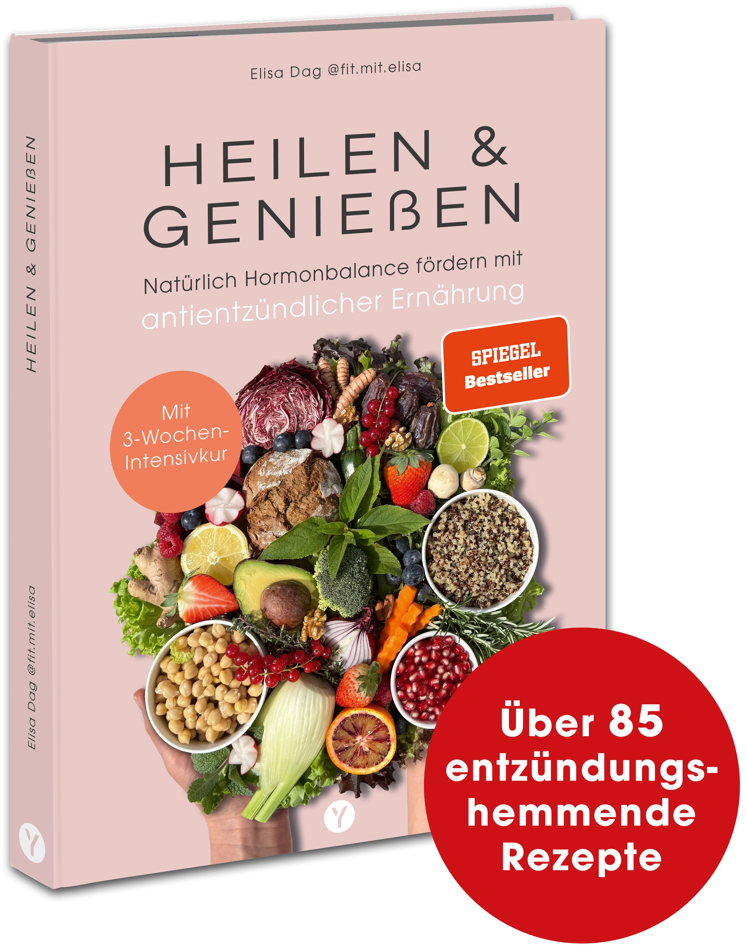 Buchcover mit Titel "HEILEN & GENIEßEN". Zusatztext: Natürlich Hormonbalance fördern mit antientzündlicher Ernährung. Mit rotem Siegel "SPIEGEL Bestseller".