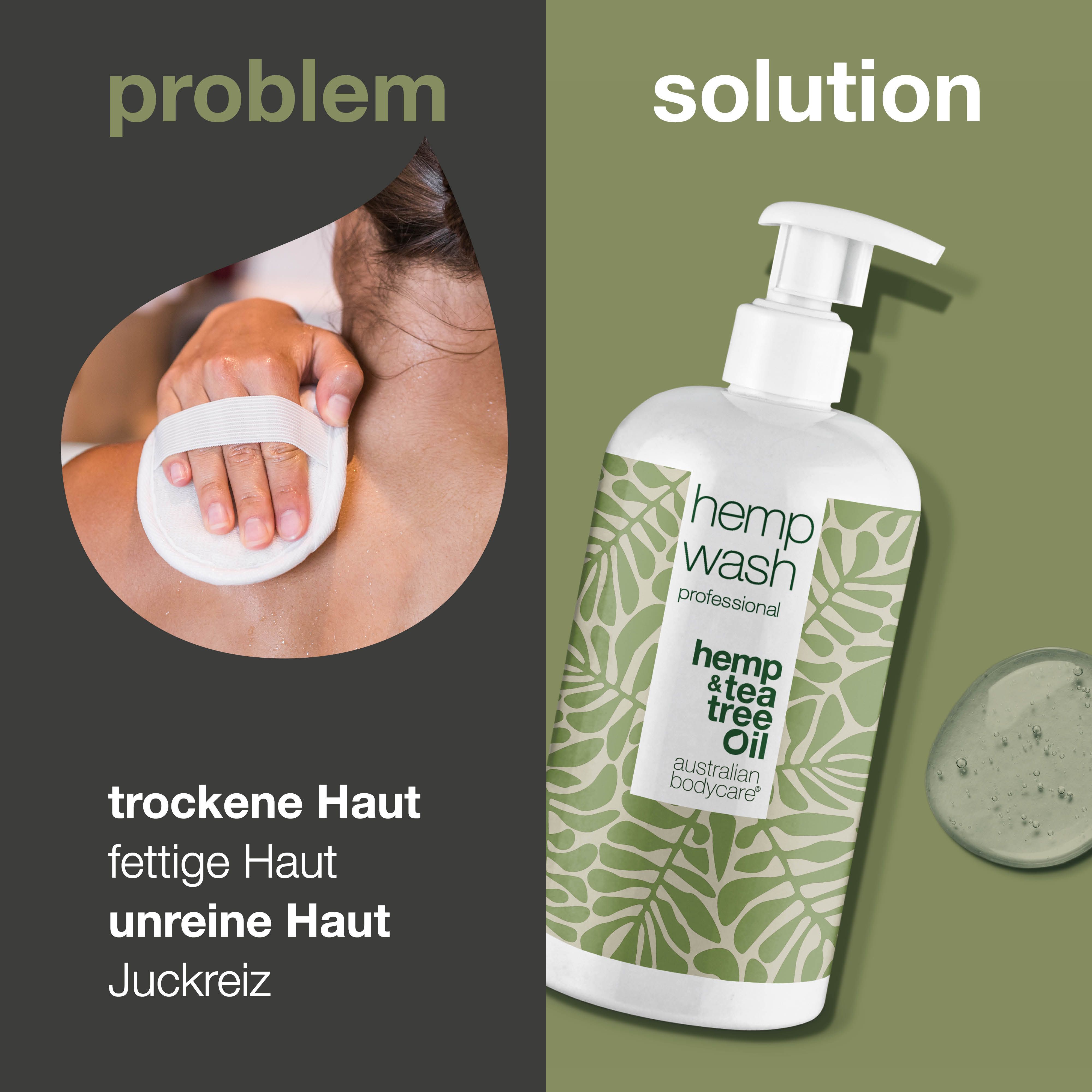 Produkt neben Text: trockene Haut, fettige Haut, unreine Haut, Juckreiz. Daneben eine Person mit Schwamm.