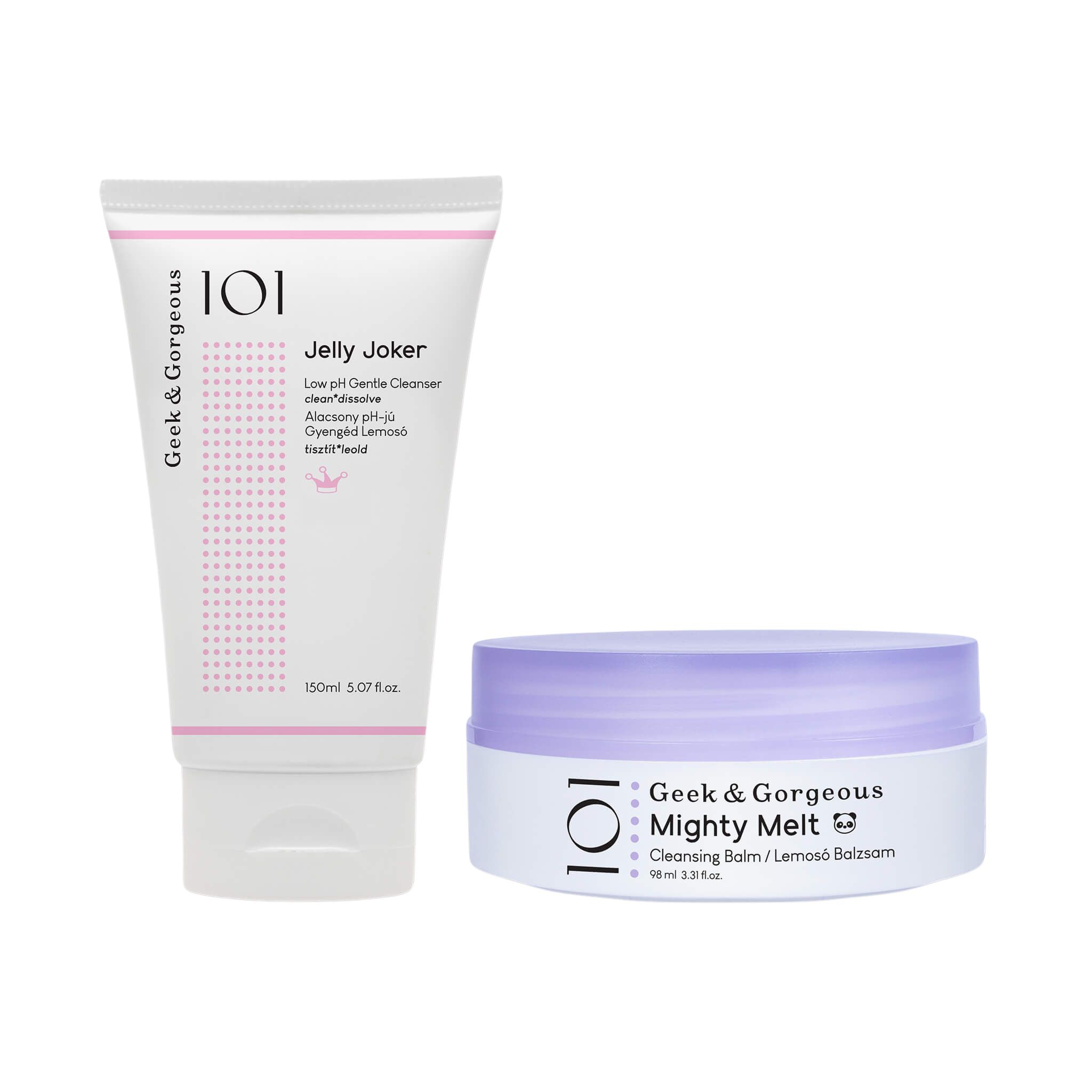 Zwei Kosmetikprodukte: eine Tube und ein Tiegel. Auf der Tube steht "Jelly Joker". Auf dem Tiegel steht "Mighty Melt". Beide haben das Logo "101".