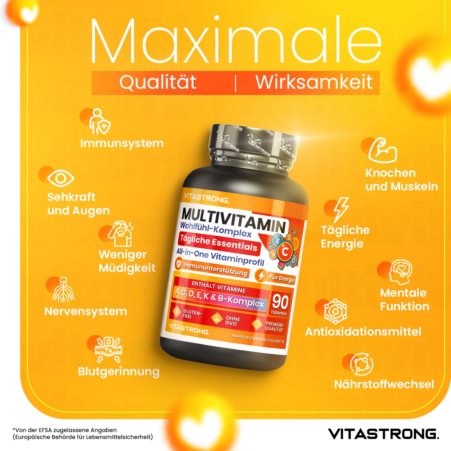 Vitastrong Multivitamin-Dose. 90 Tabletten. Text. 13 Vitamine, Energie, Immunsystem, weniger Müdigkeit, Nervensystem, etc.