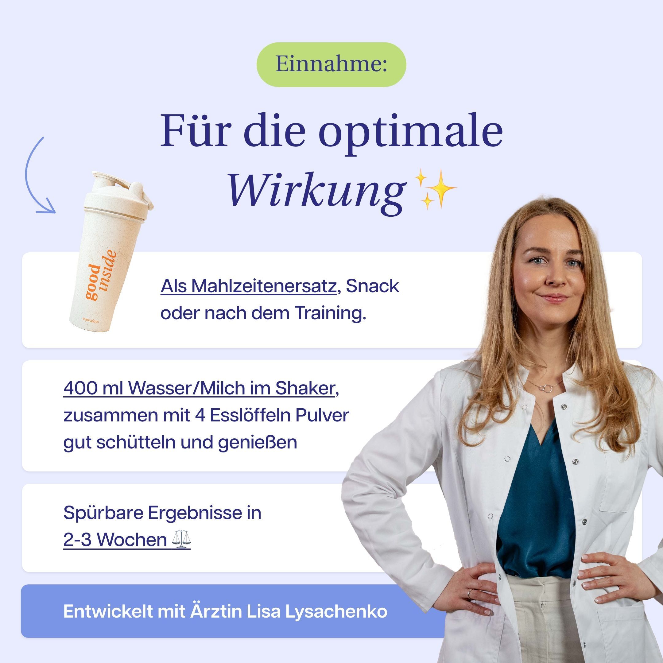 Frau mit Shaker. Text: "good inside". Anweisungen: 400ml Wasser/Milch + 4 Esslöffel Pulver. Entwickelt mit Ärztin Lisa Lysachenko.