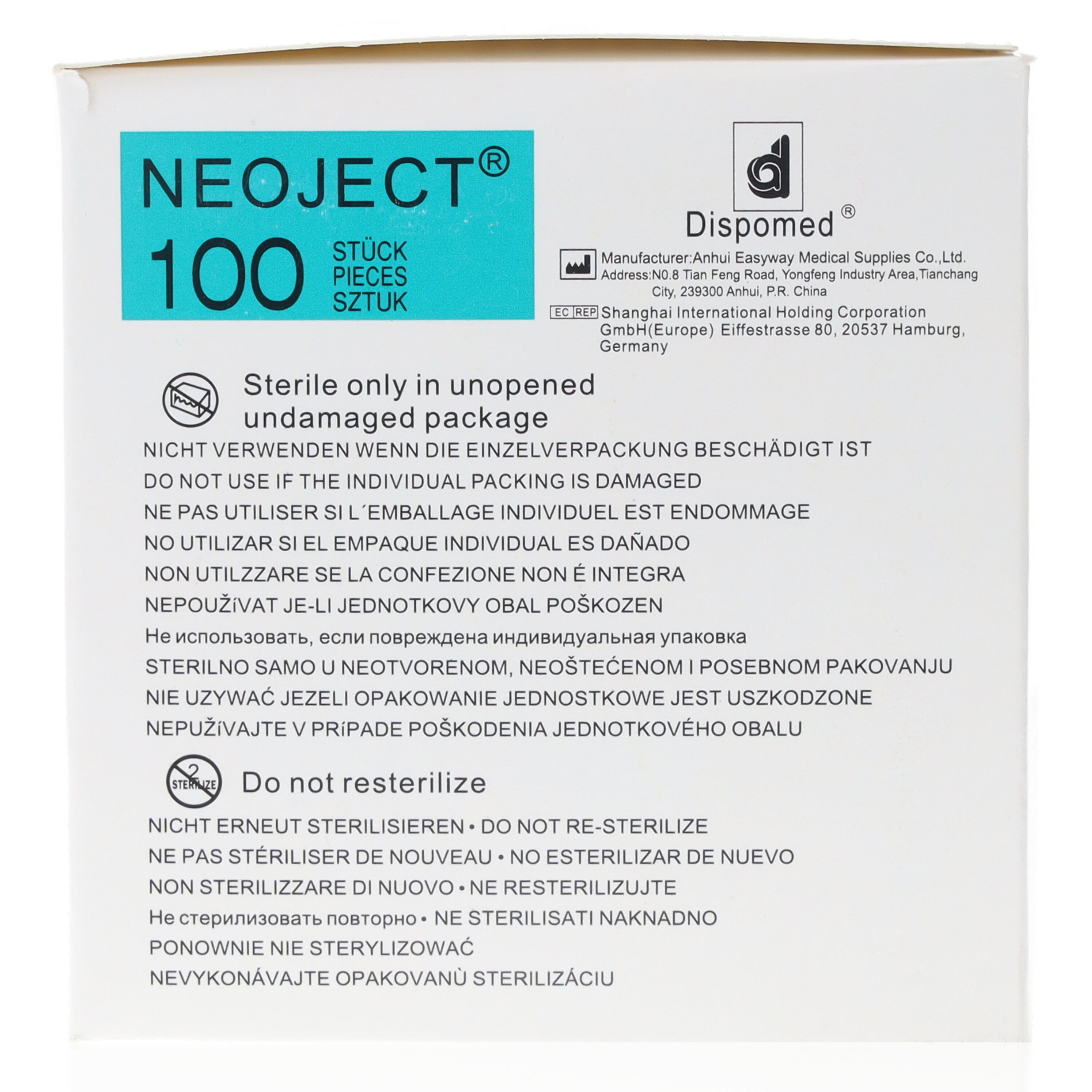 Verpackung mit 100 NEOJECT® Kanülen. Nicht verwenden, wenn beschädigt. Nicht sterilisieren.