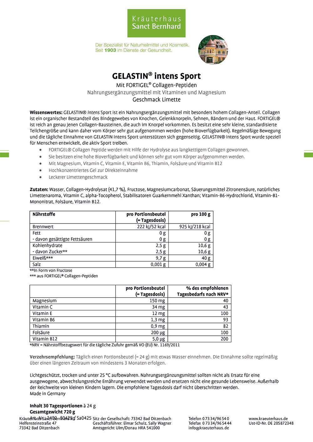 Produktinformationen auf weißem Hintergrund. Text in deutscher Sprache. Enthält Informationen zu Inhaltsstoffen und Nährwerten.