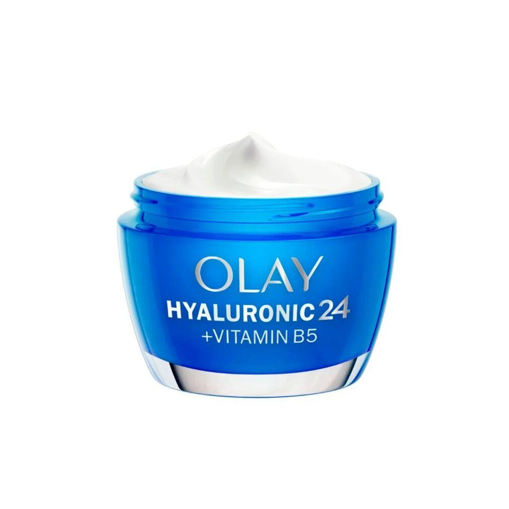 Blaues Tiegel mit weißer Creme. Olay Hyaluronic 24 + Vitamin B5. Deckel geöffnet.
