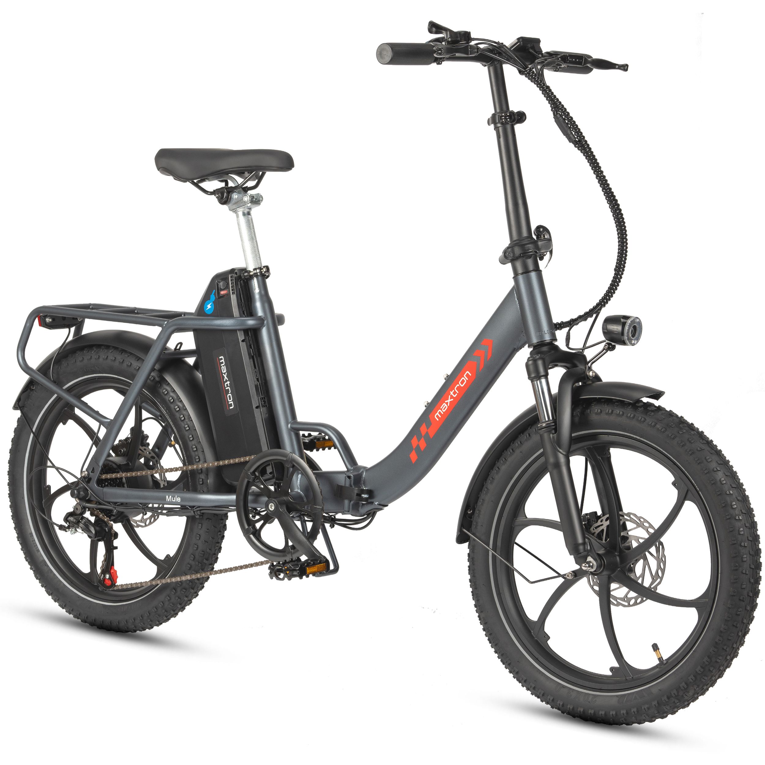 Graues Falt-Elektrofahrrad mit schwarzen Reifen und Sattel. Akku und Gepäckträger. Maxtron Logo.