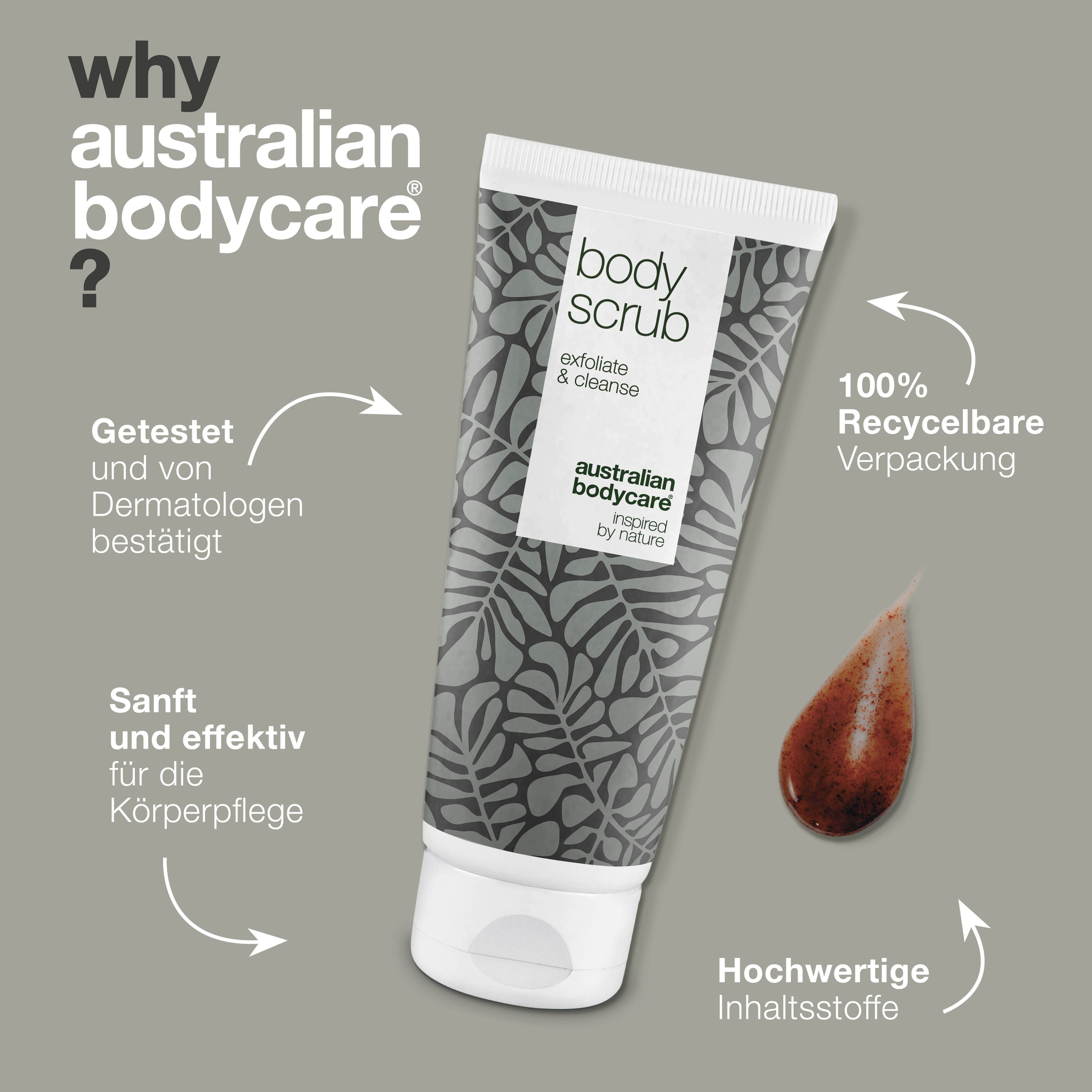 Tube „Body Scrub“. Marke: Australian Bodycare. Text: Getestet und von Dermatologen bestätigt. 100% recycelbar.