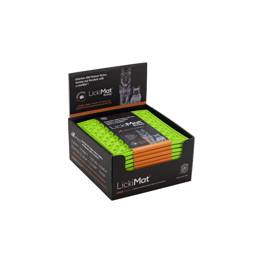 Verpackung mit grünen LickiMats. Schwarzer Karton mit Produktbild und Text. Marke LickiMat.