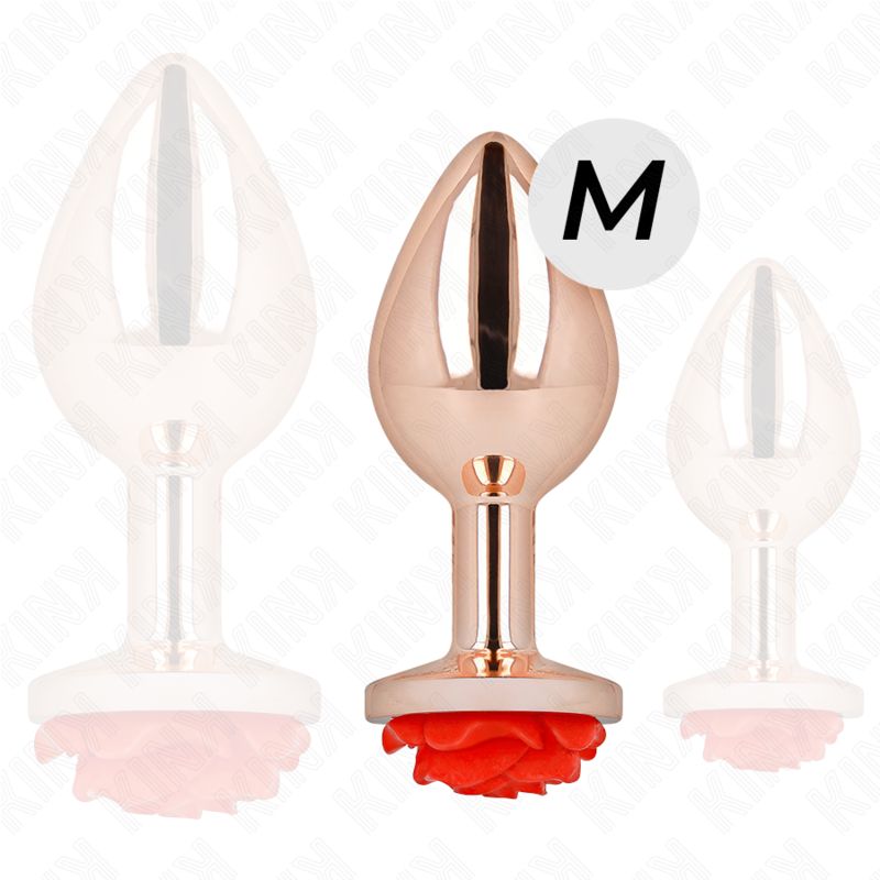 Analplug mit roter Rose. Metallfarbenes Design, M-Größe. Rose am Boden. Mehrere Exemplare im Hintergrund.