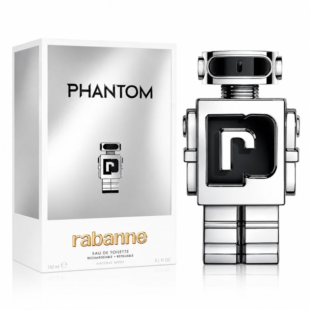 Silberner Roboter-Parfümflakon mit schwarzem 'r'-Logo, daneben die passende silberne Verpackung mit der Aufschrift 'PHANTOM'.
