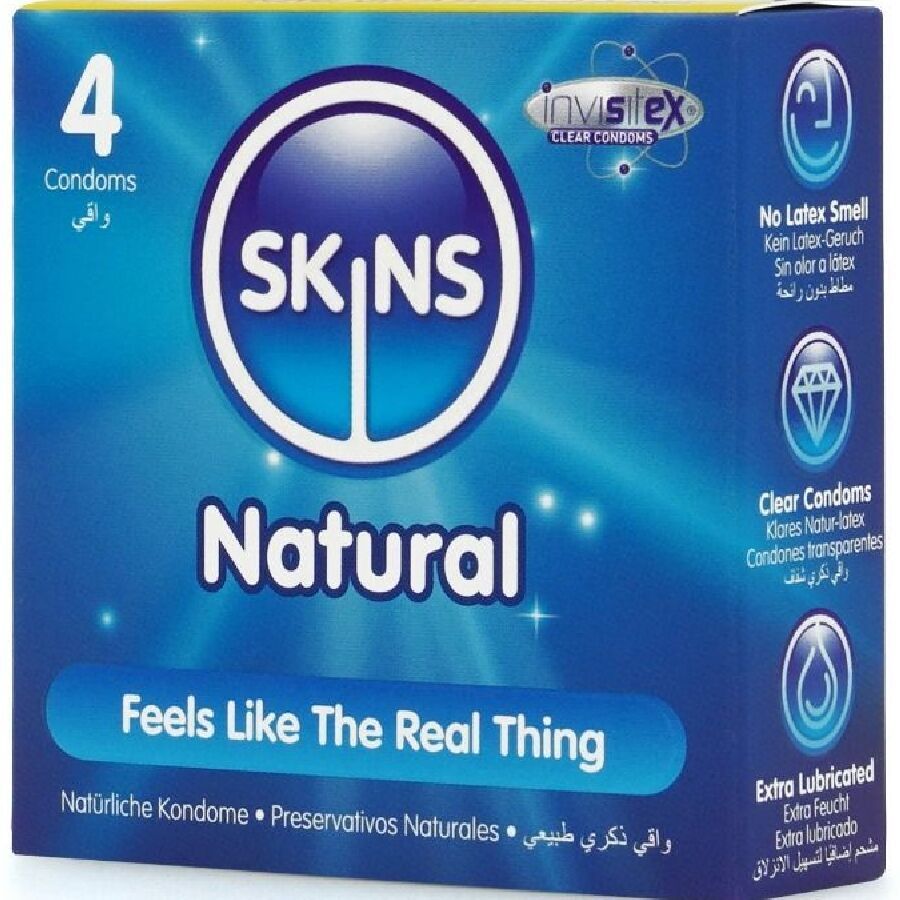 Verpackung mit 4 Kondomen. Marke SKINS, Aufschrift "Natural". Enthält Informationen zu Eigenschaften und Inhaltsstoffen.
