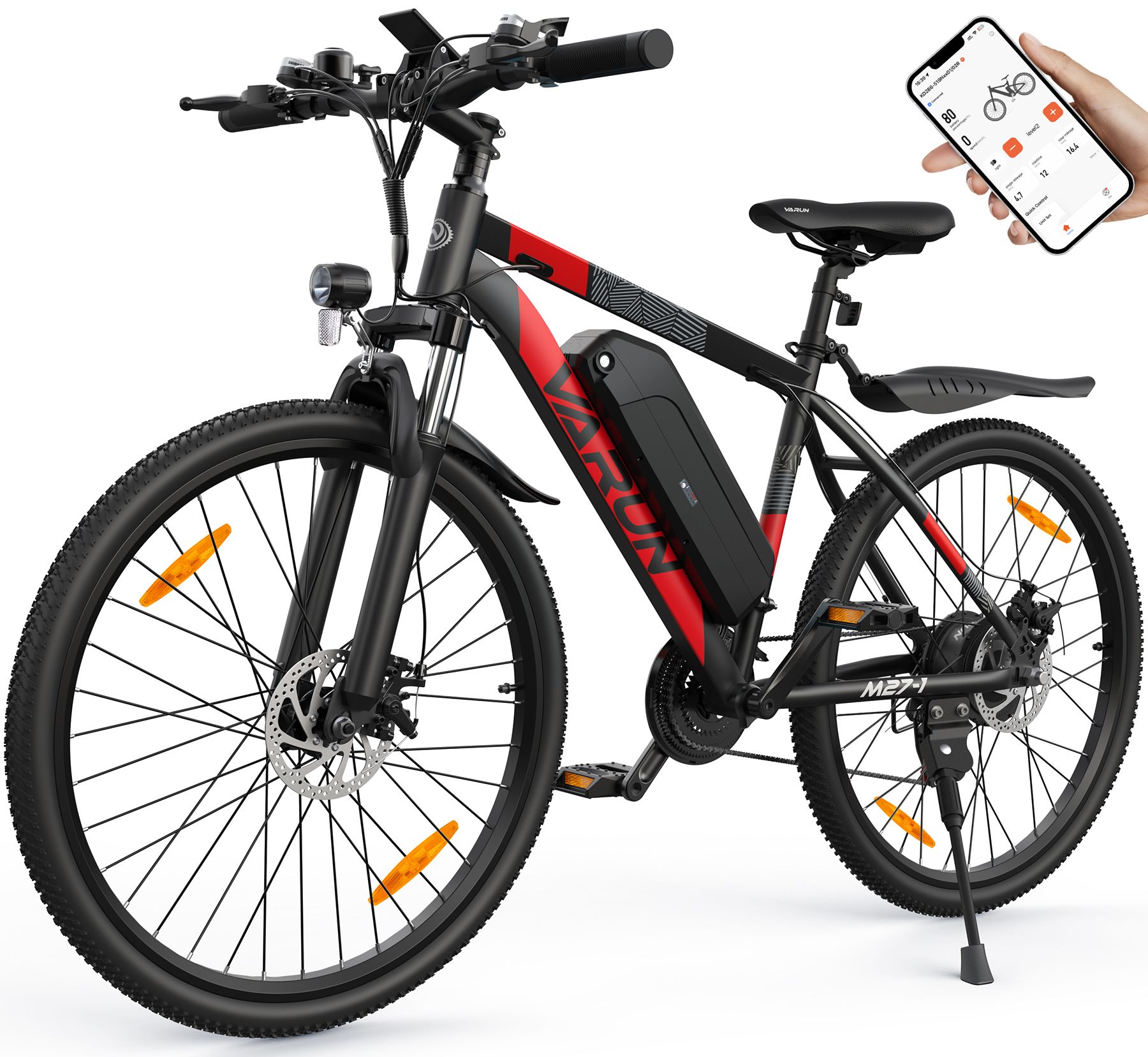 E-Bike mit rotem Rahmen, schwarzem Akku und Smartphone. Smartphone zeigt App-Steuerung. VARUN M27-1 Pro.