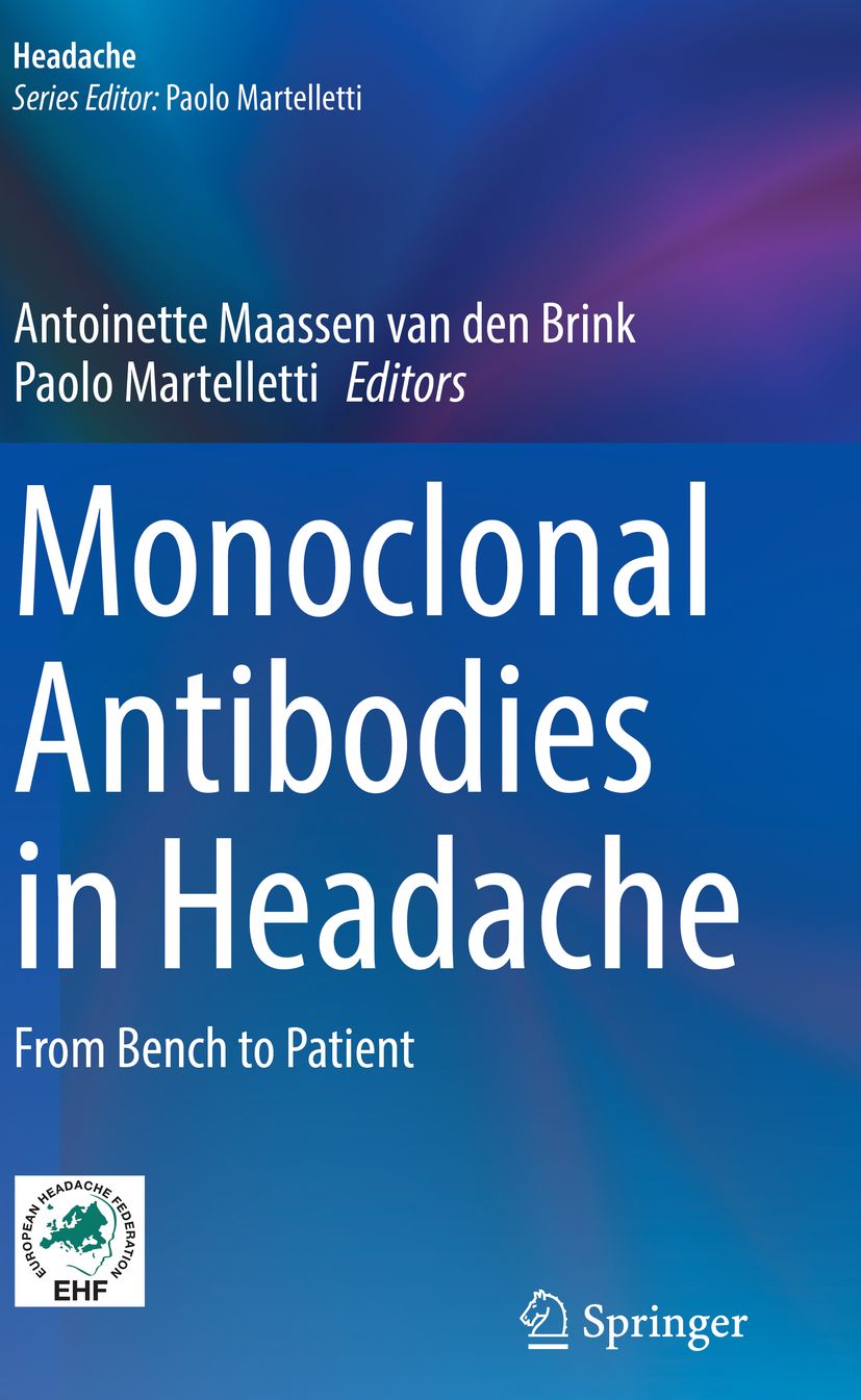 Buchcover: Monoklonale Antikörper bei Kopfschmerzen. Herausgeber: Antoinette Maassen van den Brink, Paolo Martelletti. Verlag Springer.