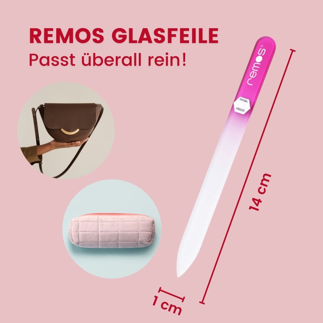 Glasnagelfeile mit pinkfarbenem Griff. Abmessungen: 14 cm lang, 1 cm breit. Marke: REMOS Glasnagelfeile.