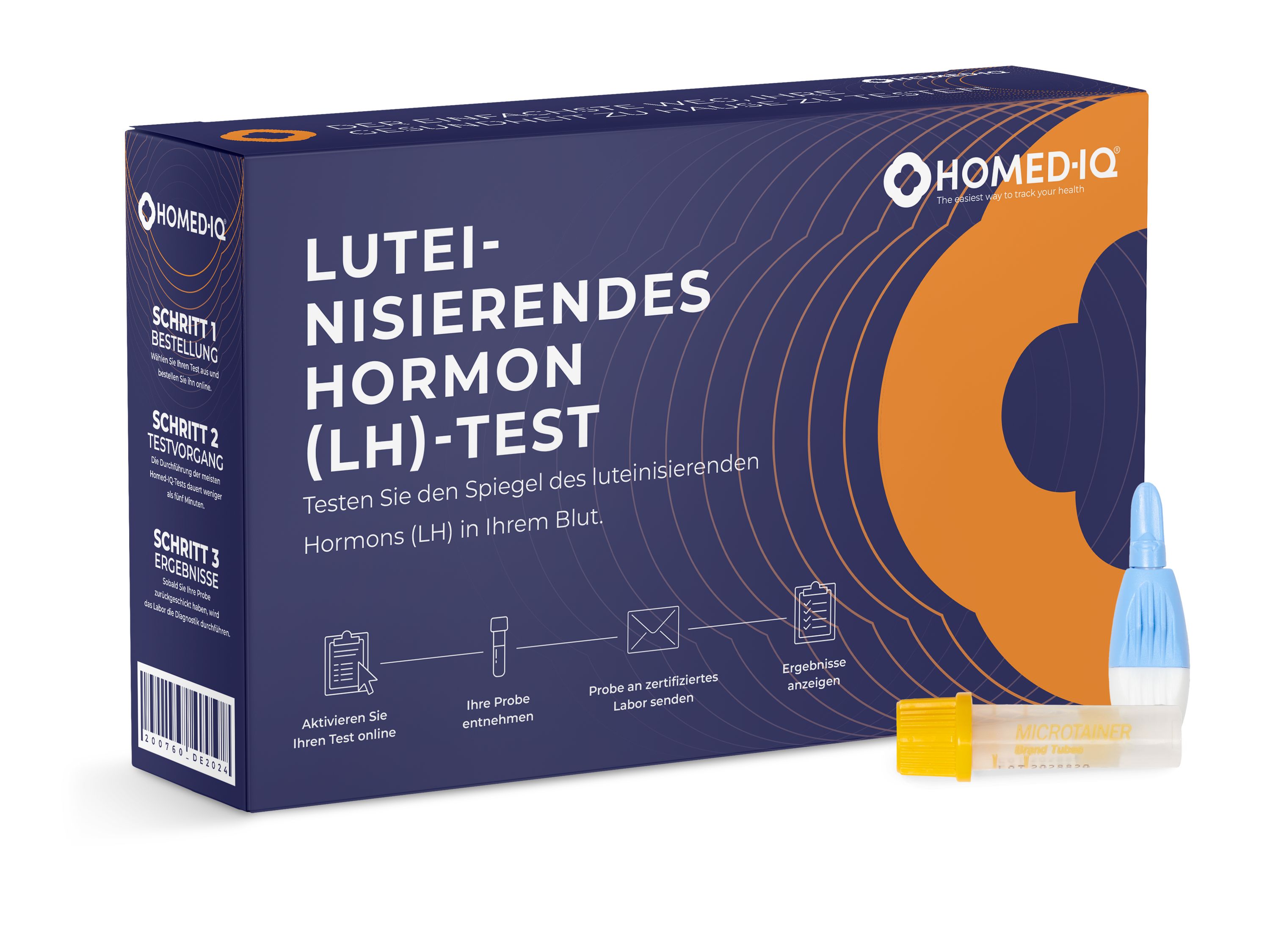 Blauer Karton mit "Luteinisierendes Hormon (LH)-Test"-Aufdruck. Enthält Teströhrchen und Zubehör. Marke: Homed-IQ.