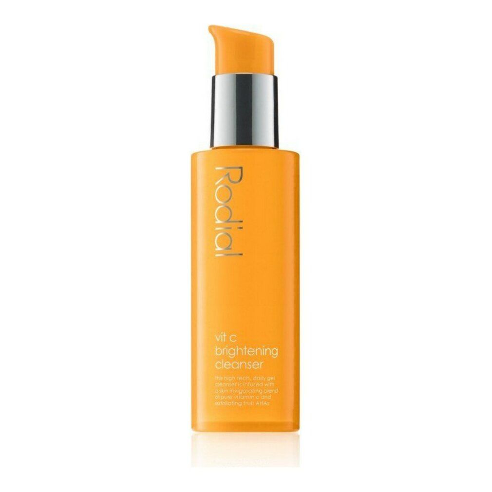Orangefarbener, rechteckiger Flakon mit silberner Pumpe. Aufschrift: Rodial, VIT C, Brightening Cleanser.