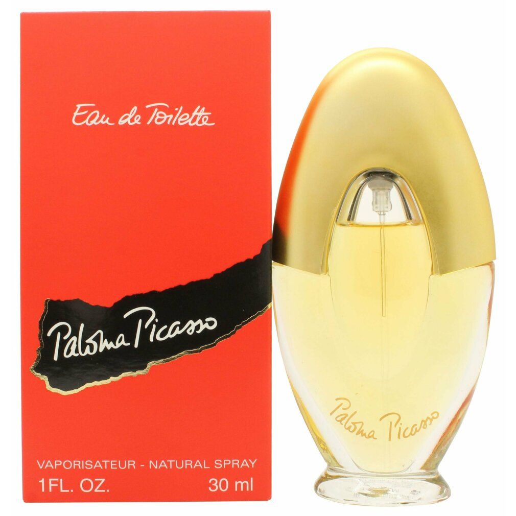 Parfumflakon und Verpackung. Flakon oval, goldener Deckel, klare Flüssigkeit. Rote Verpackung mit Logo und Schriftzug.