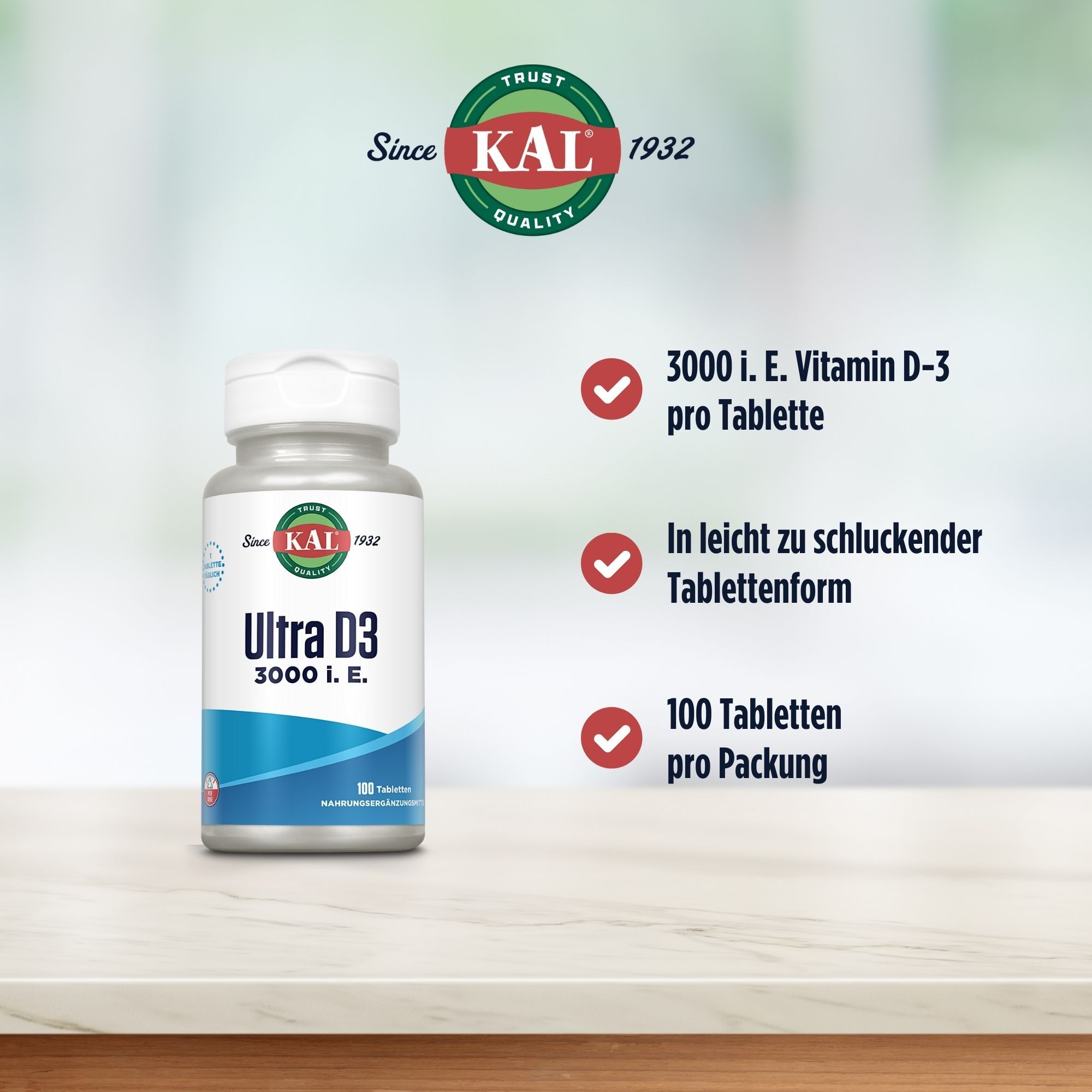 Eine Flasche KAL Ultra D3 3000 I.E. Vitamin D3-Nahrungsergänzungsmittel. Merkmale: 3000 I.E. pro Tablette, leicht zu schlucken, 100 Tabletten.