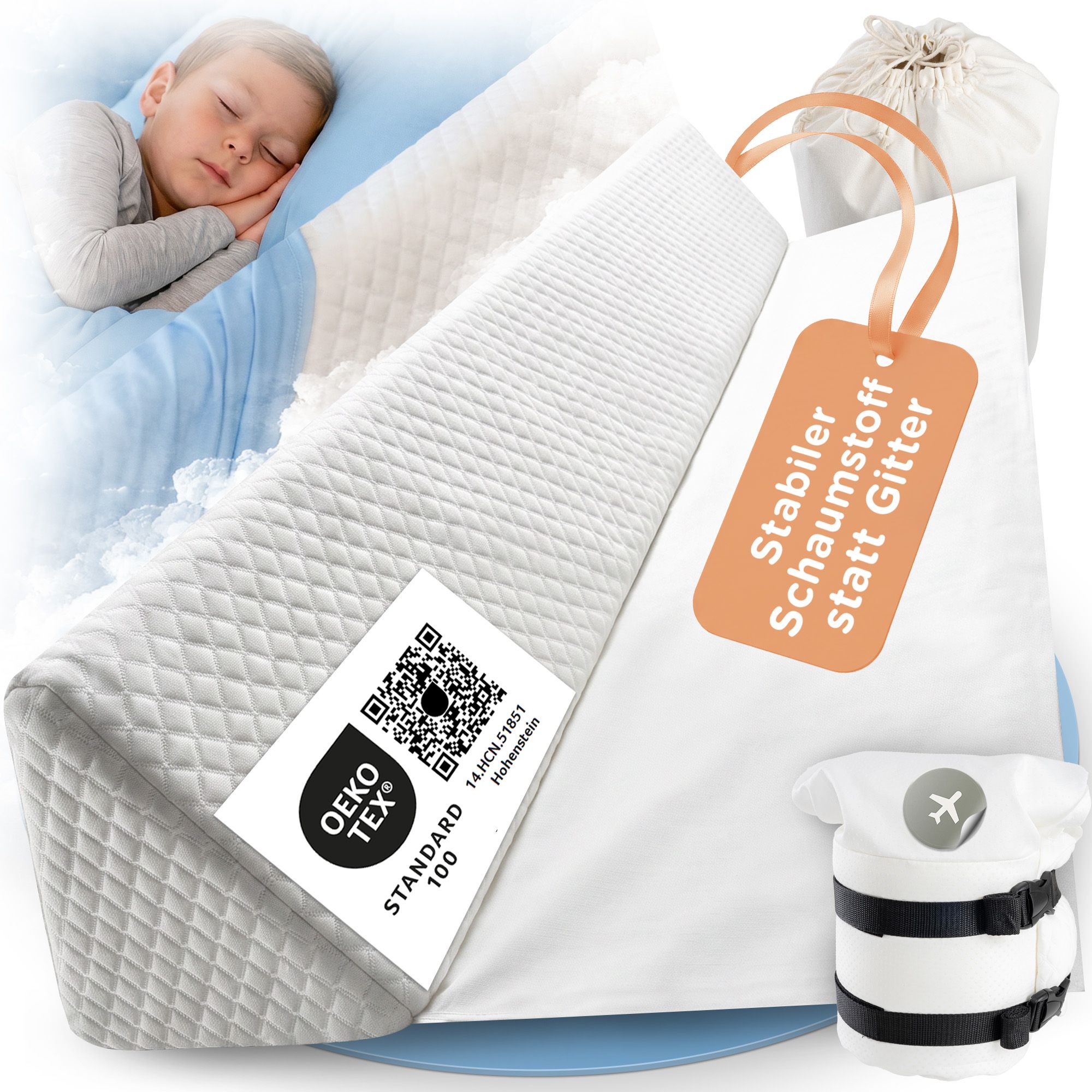Lunova Rausfallschutz: formstabiler Schaumstoff, mit Gurt und Tasche. OEKO-TEX® zertifiziert.